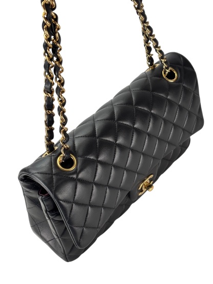 CHANEL - Medium Classic Double Flap Bag Black Lambskin Gold Hardware (CF25) 