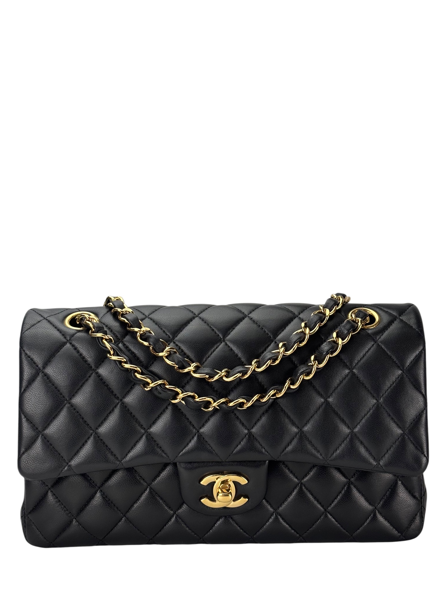 CHANEL - Medium Classic Double Flap Bag Black Lambskin Gold Hardware (CF25) 
