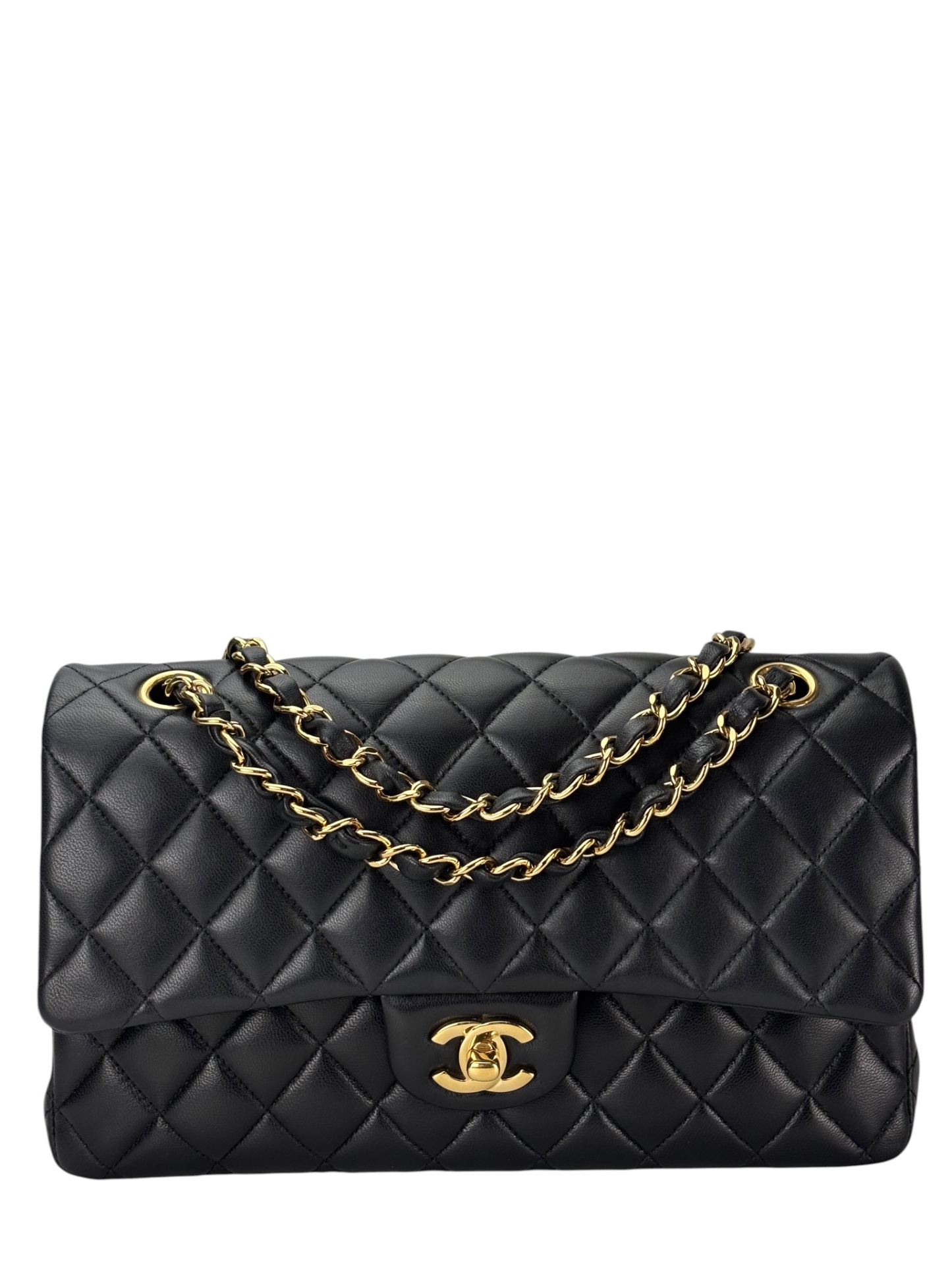 CHANEL - Medium Classic Double Flap Bag Black Lambskin Gold Hardware (CF25) 