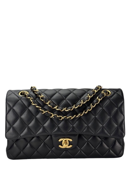 CHANEL - Medium Classic Double Flap Bag Black Lambskin Gold Hardware (CF25) 