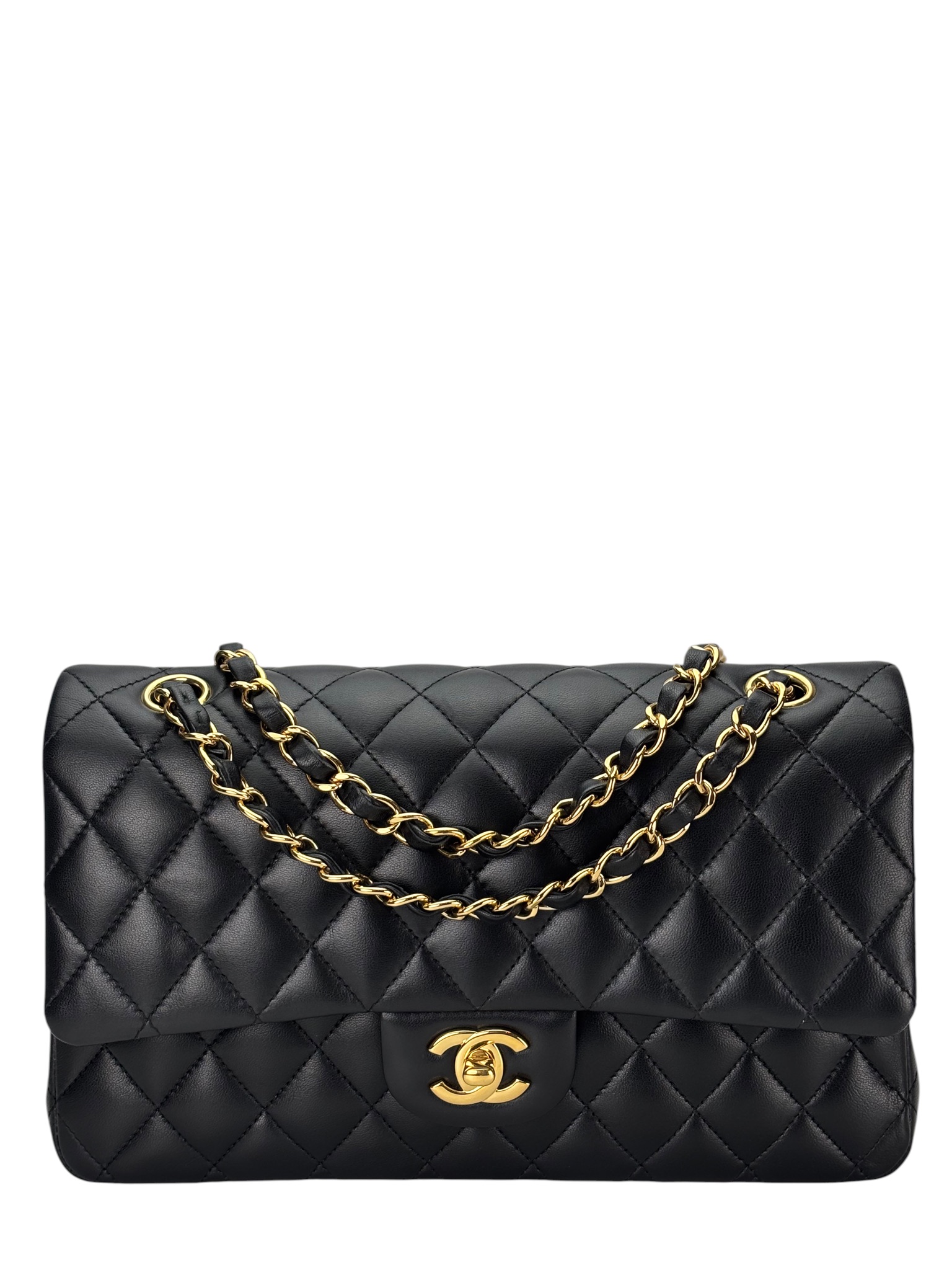 CHANEL - Medium Classic Double Flap Bag Black Lambskin Gold Hardware (CF25) 