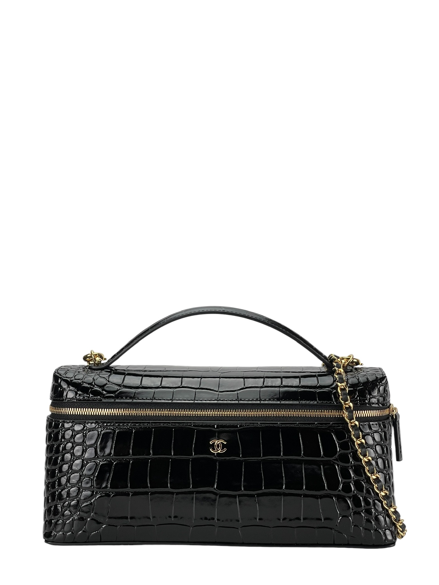 CHANELケース CHANEL - Black Calfskin Top Handle Vanity Case Bag – Camellia