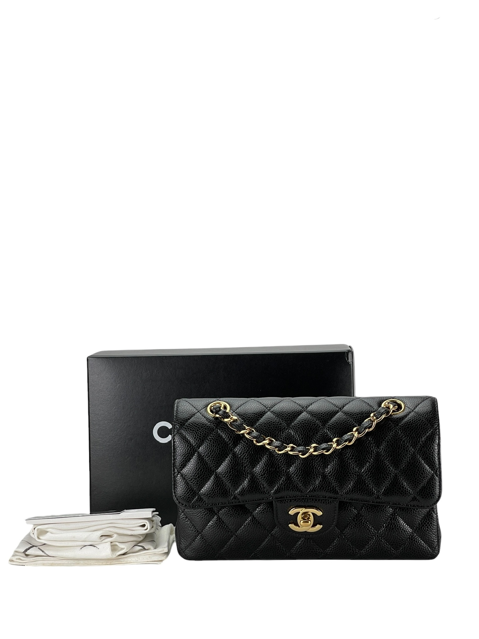 CHANEL - Small Classic Double Flap Bag Black Caviar Gold Hardware (CF23)