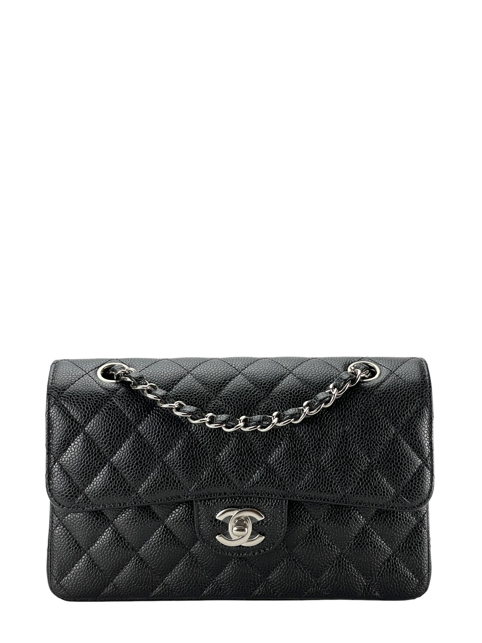 CHANEL - Small Classic Double Flap Bag Black Caviar Sliver Hardware (CF23)