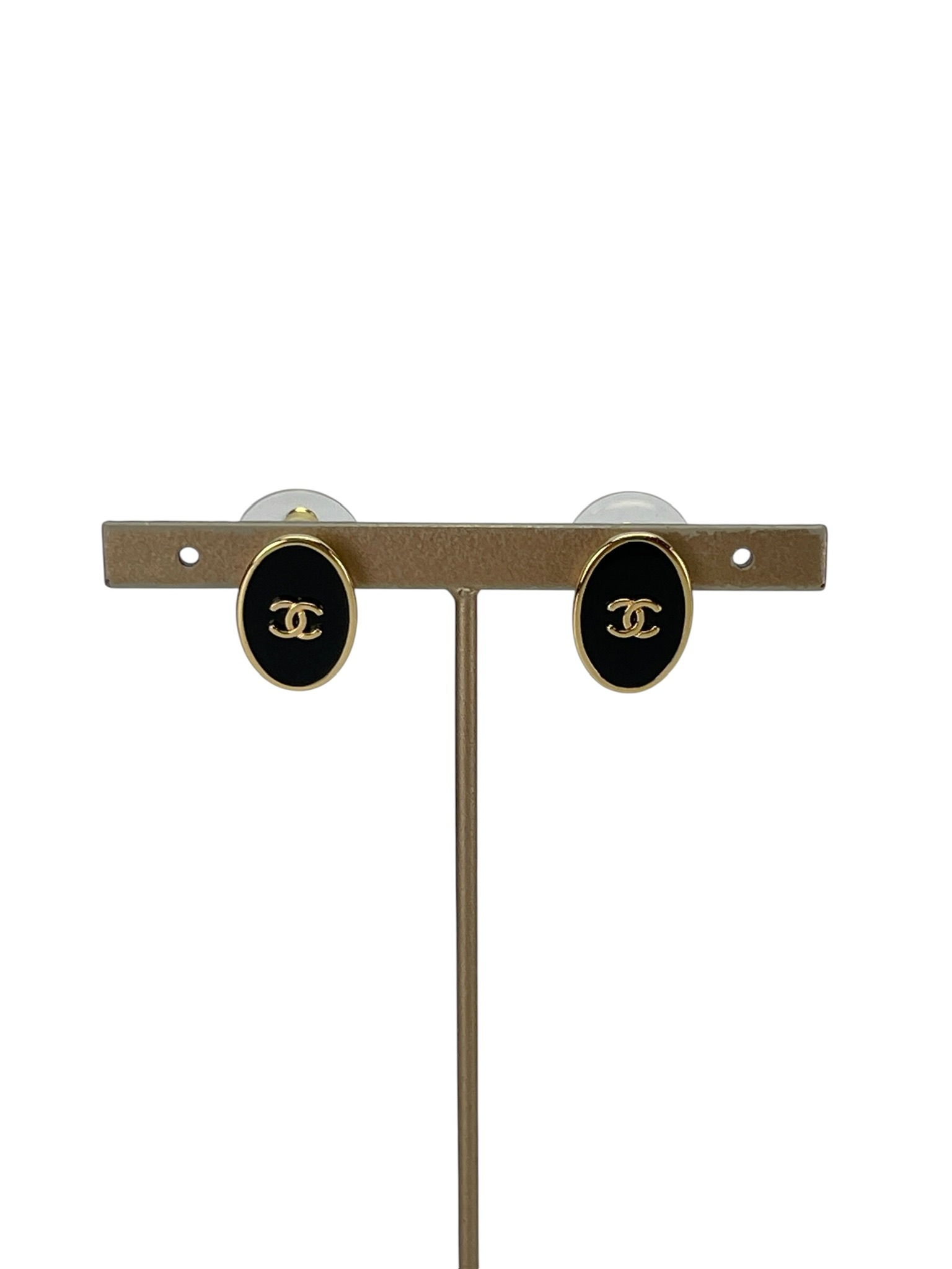 CHANEL - 26B Black Enamel CC Oval Stud Earrings