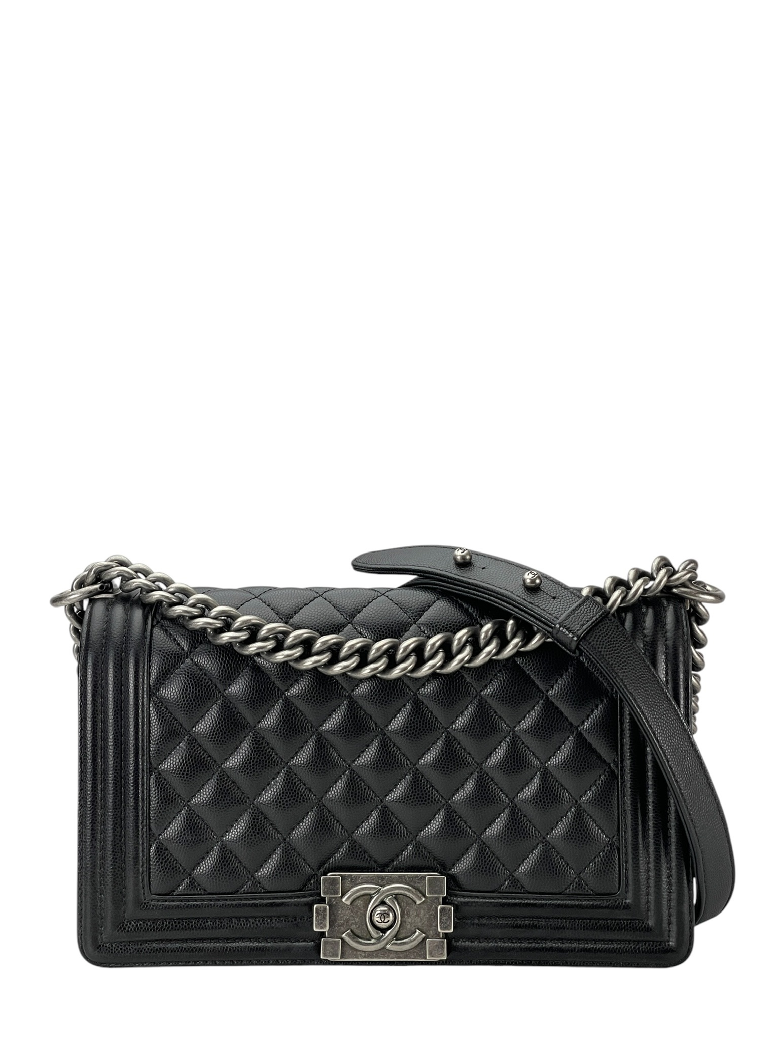 CHANEL - Medium Boy Flap Bag Black Calfskin Sliver Hardware