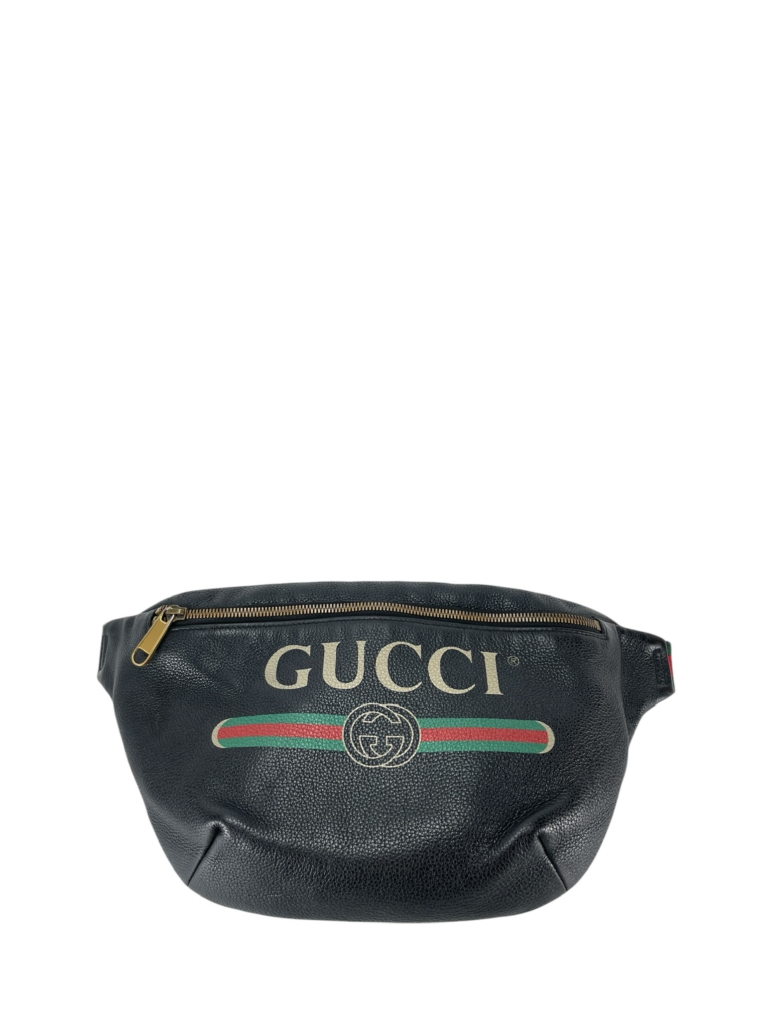 GUCCI - Black Leather Logo Print Belt Bag 