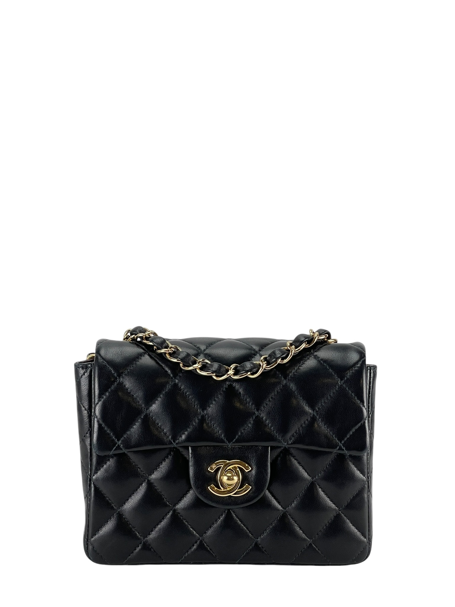 CHANEL - Black Lambskin Mini Classic Square Flap Shoulder Bag 17