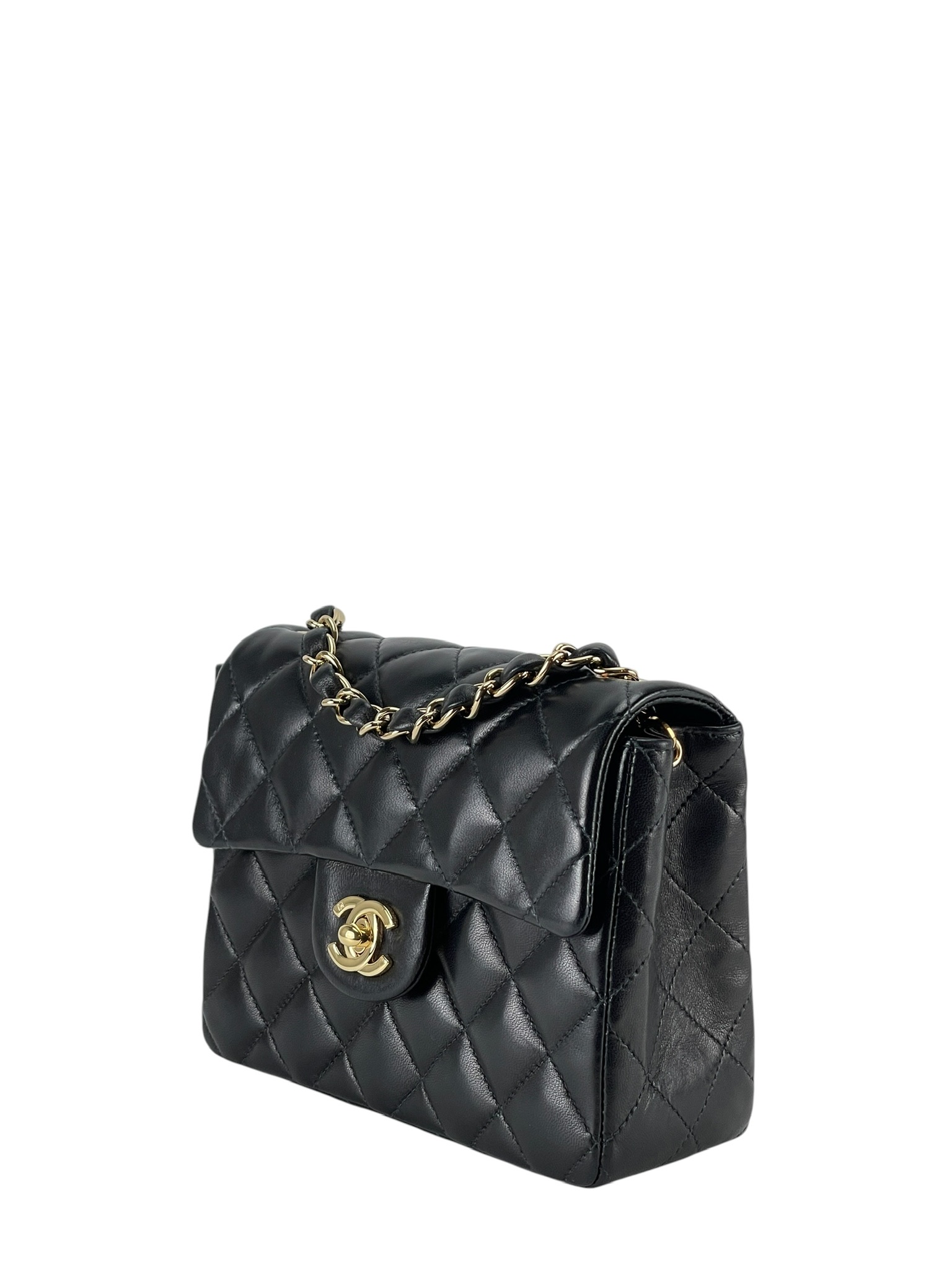 CHANEL - Black Lambskin Mini Classic Square Flap Shoulder Bag 17