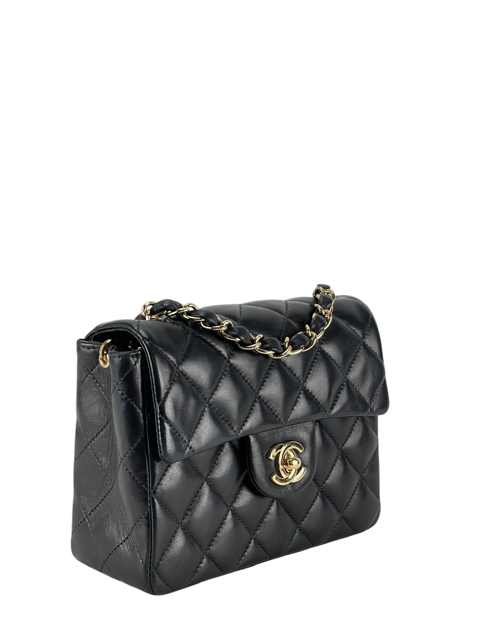CHANEL - Black Lambskin Mini Classic Square Flap Shoulder Bag 17