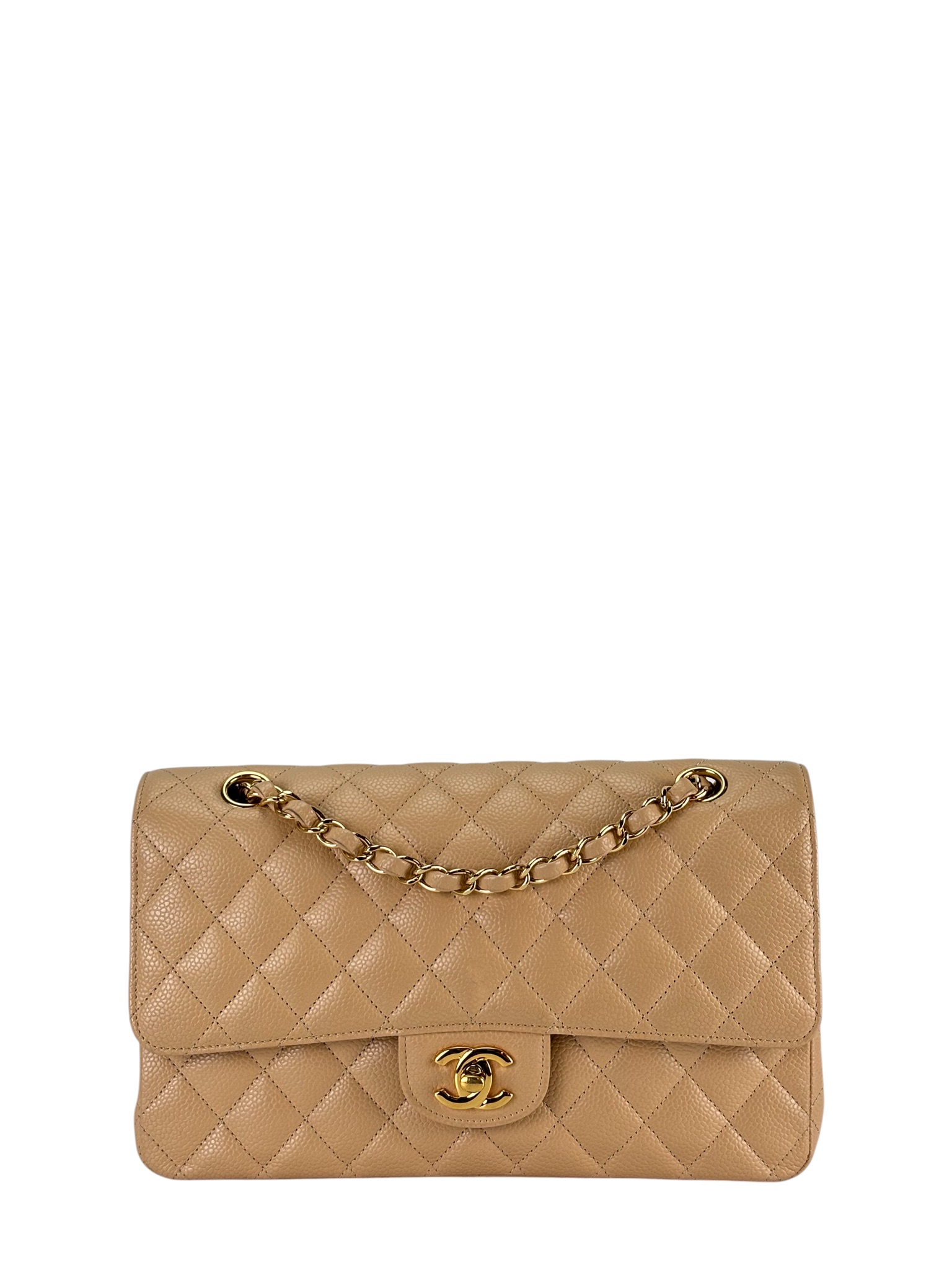 CHANEL - Medium Classic Double Flap Bag Beige Caviar Gold Hardware (CF25) 