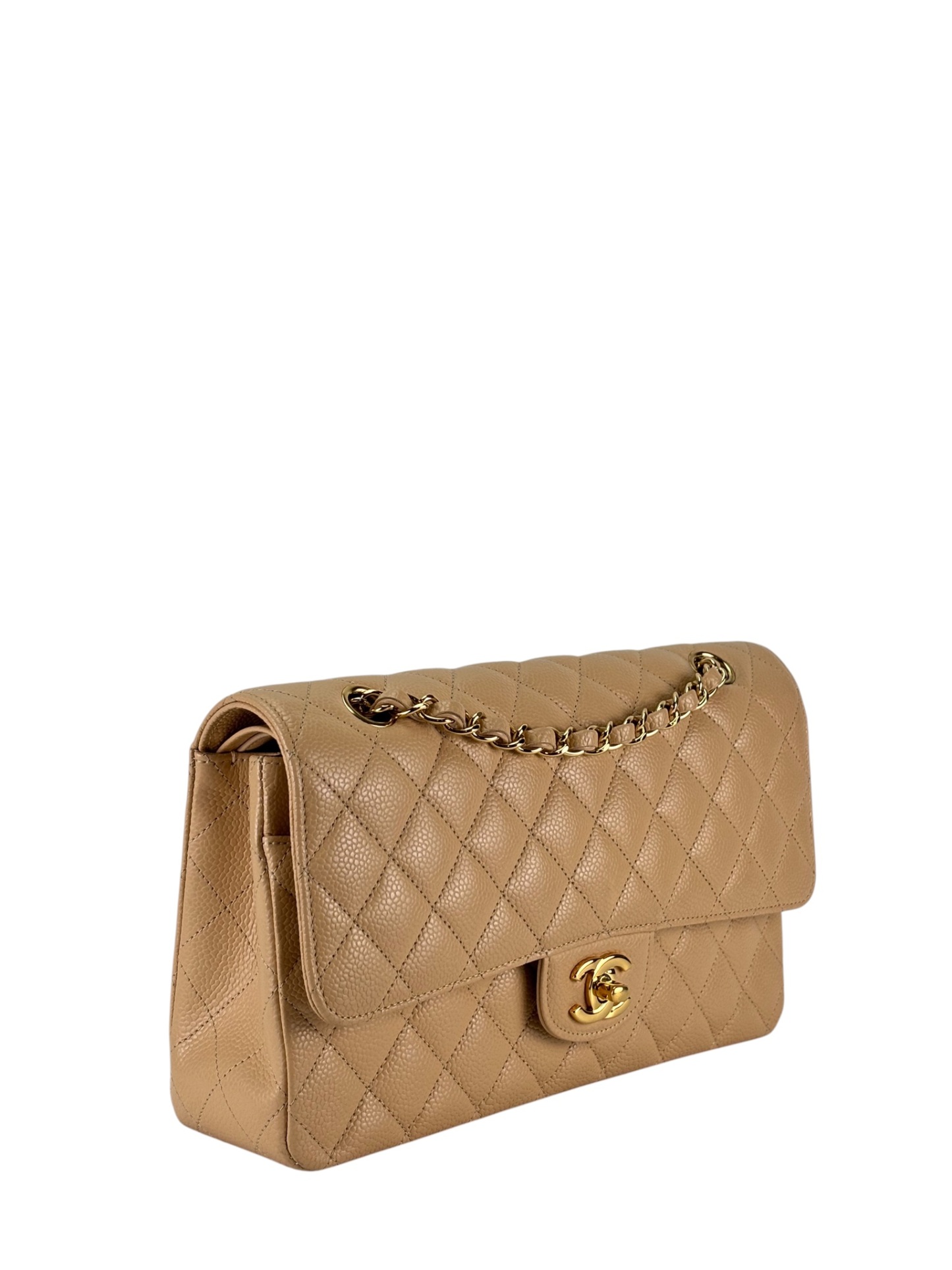 CHANEL - Medium Classic Double Flap Bag Beige Caviar Gold Hardware (CF25) 