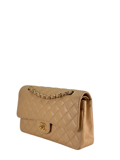 CHANEL - Medium Classic Double Flap Bag Beige Caviar Gold Hardware (CF25) 