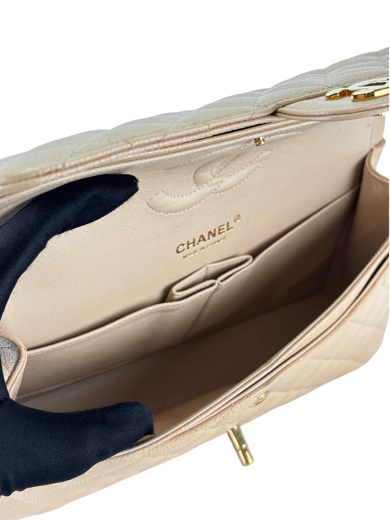 CHANEL - Medium Classic Double Flap Bag Beige Caviar Gold Hardware (CF25) 