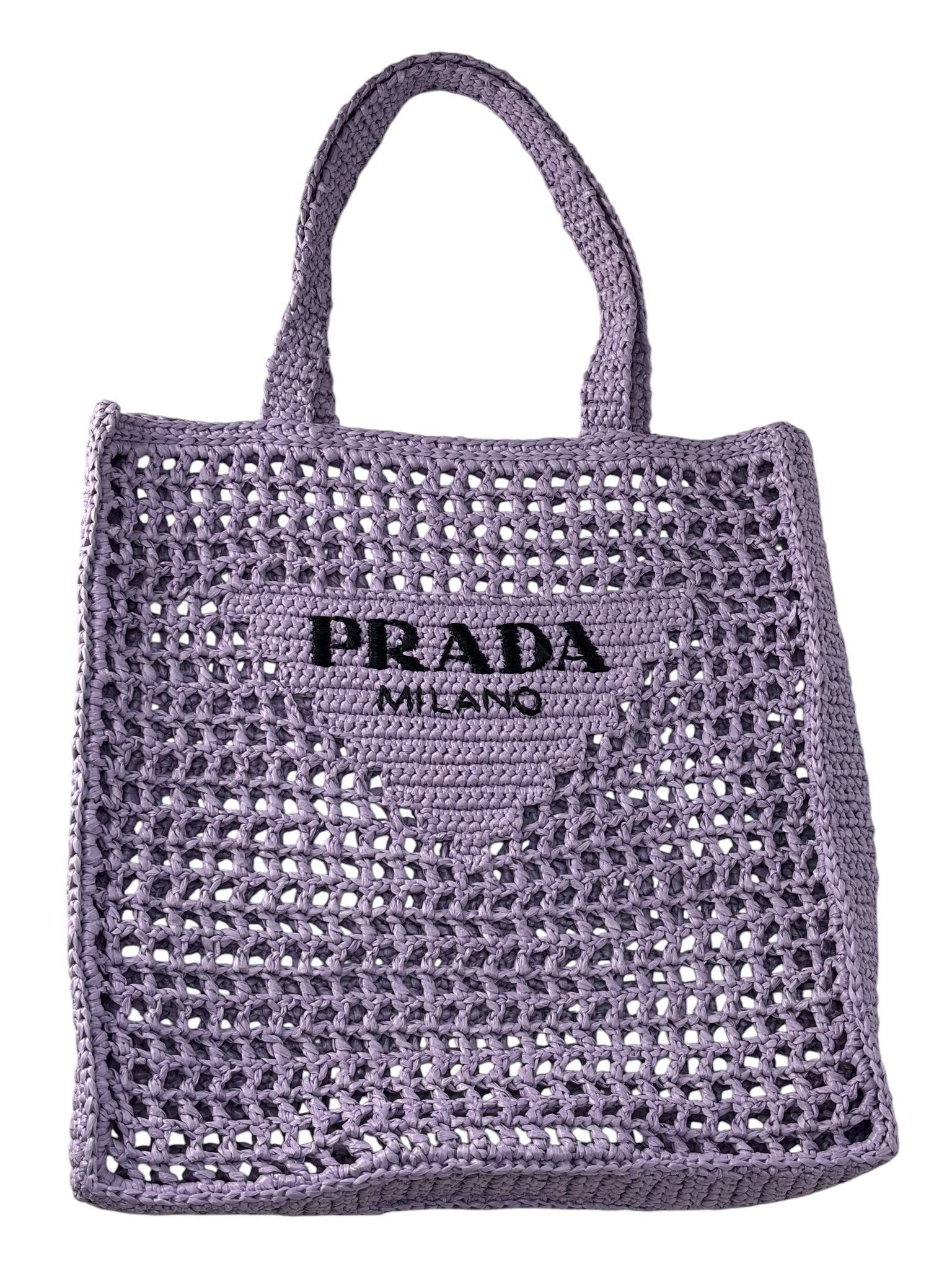 PRADA - Purple Raffia Yarn Effect Crochet Logo Embroidered Tote Bag Lilium