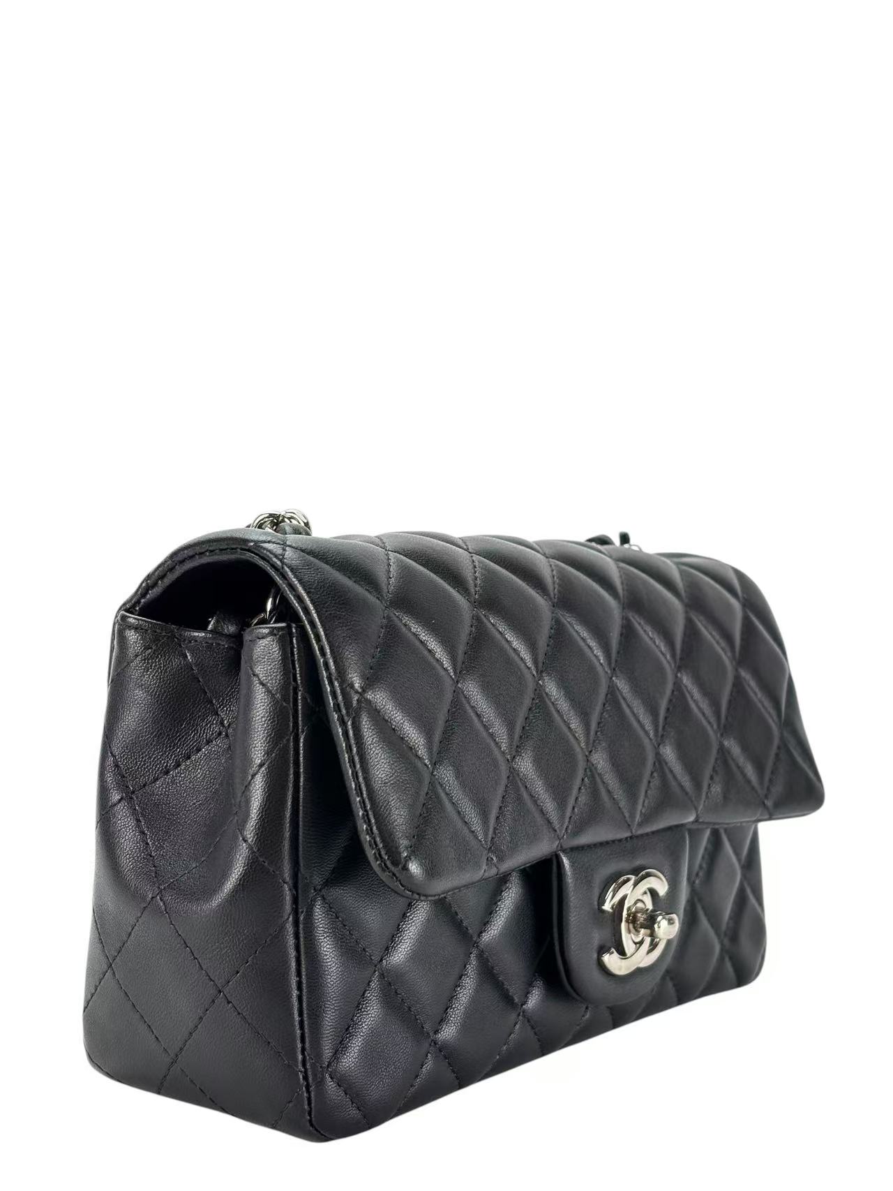 CHANEL - Black Lambskin Mini Classic Flap Bag Silver Hardware