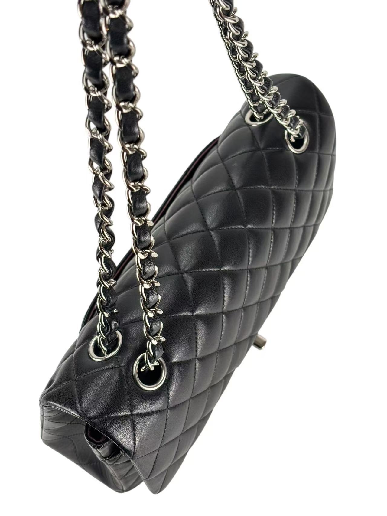 CHANEL - Medium Classic Double Flap Bag Black Lambskin Sliver Hardware (CF25) 