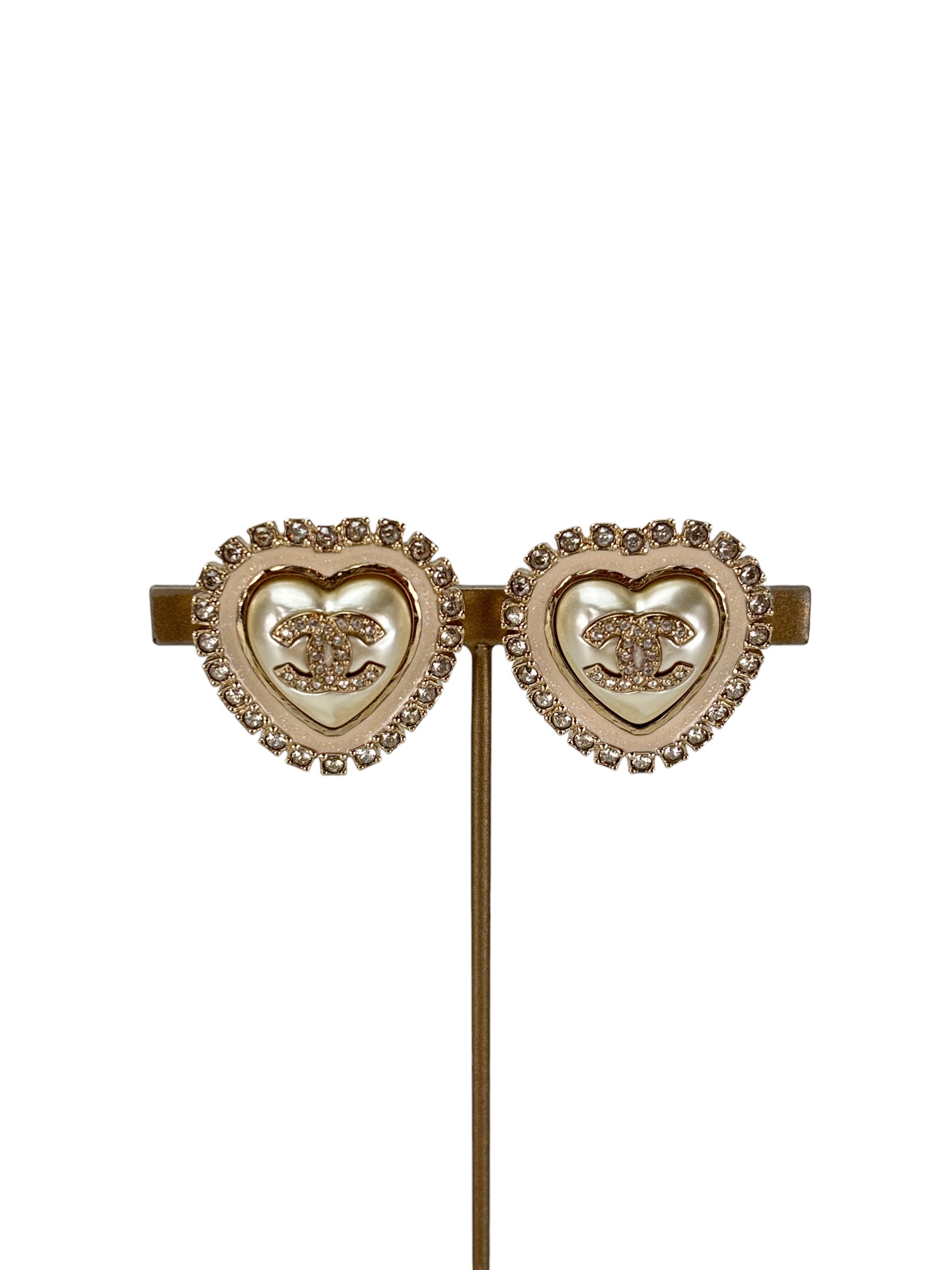 CHANEL - C24A Gold Heart CC Rhinestone Stud Earrings