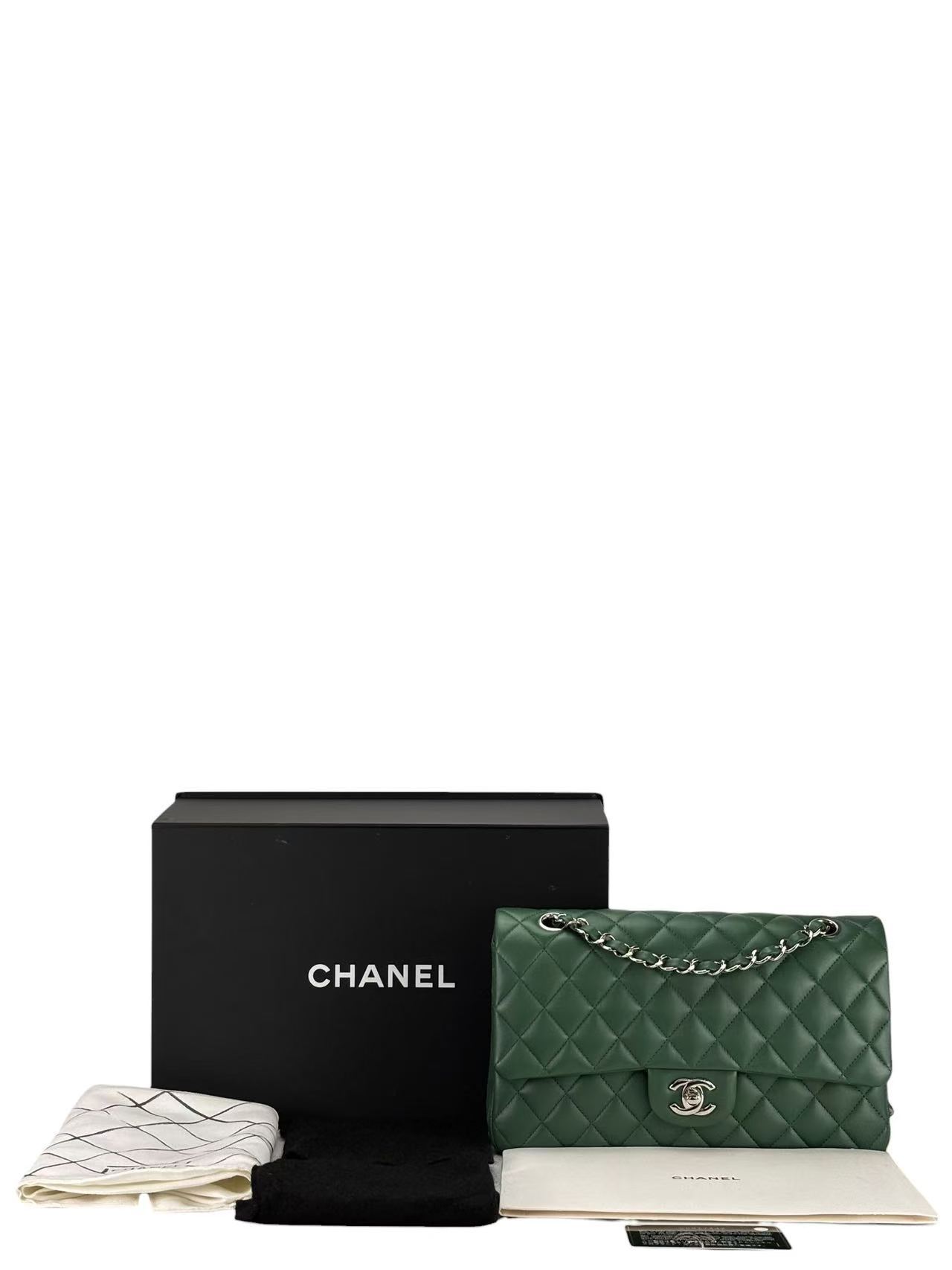 CHANEL - Medium Classic Double Flap Bag  Green Lambskin Silver Hardware (CF25)