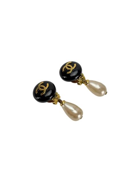 CHANEL - 94A Black CC Faux Pearl Drop Earrings