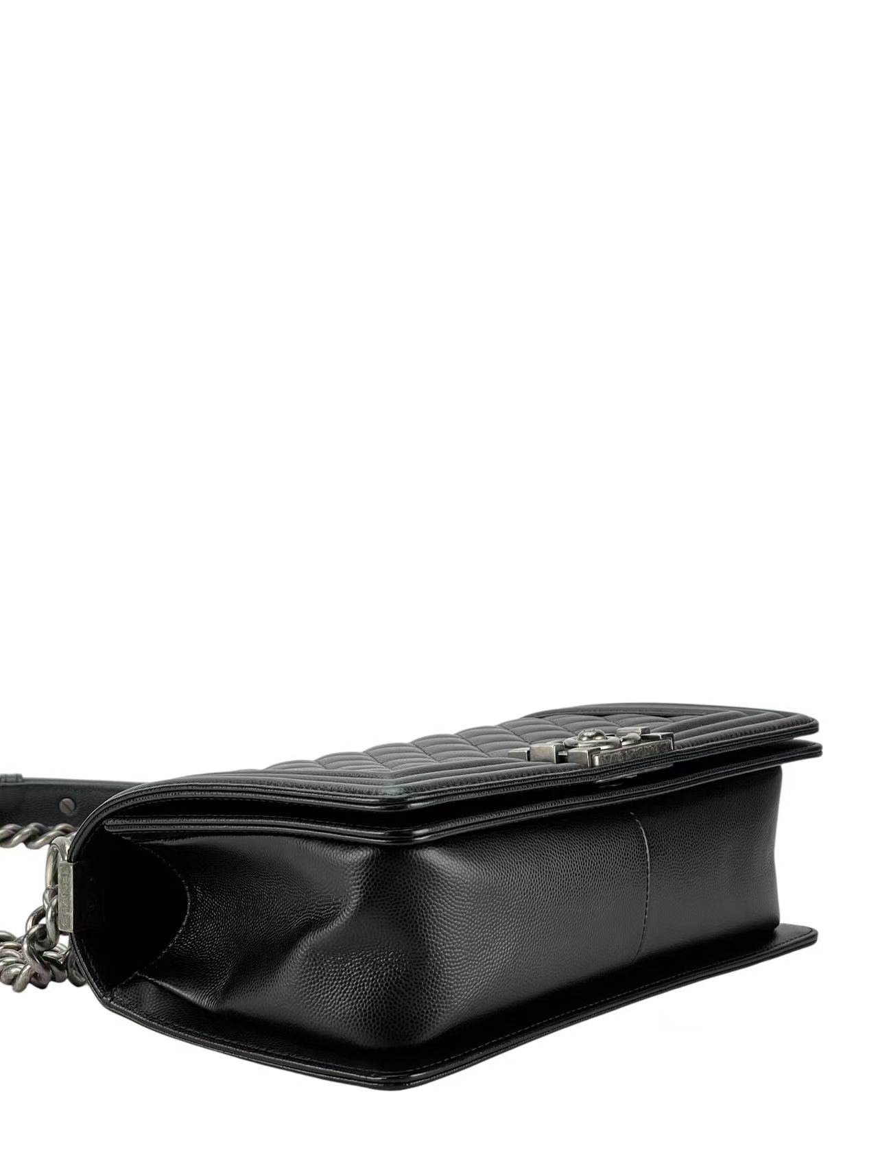 CHANEL - Medium Boy Flap Bag Black Caviar Metal Silver Hardware