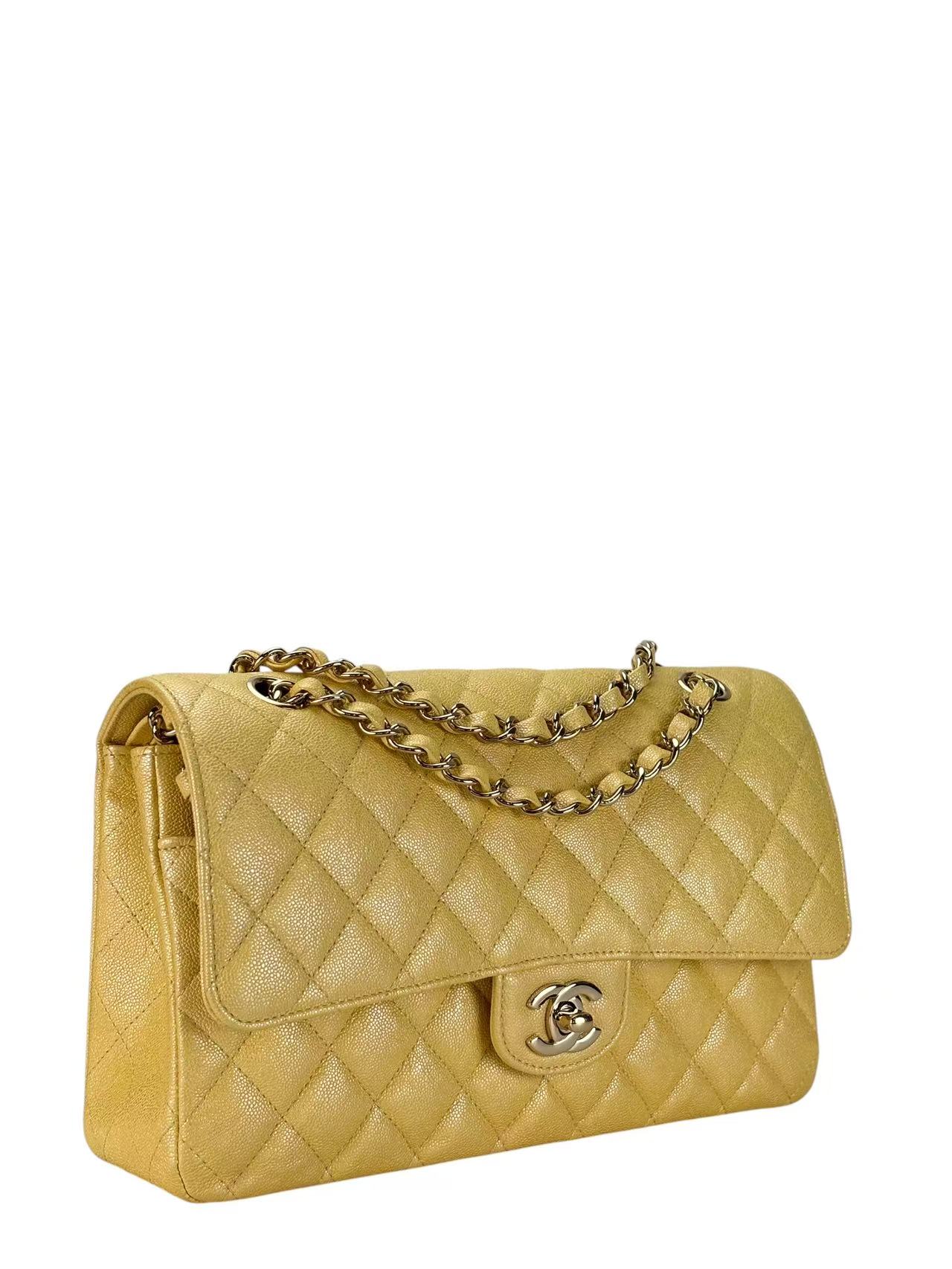 CHANEL - Medium Classic Double Flap Bag Yellow Calfskin Gold Hardware (CF25)