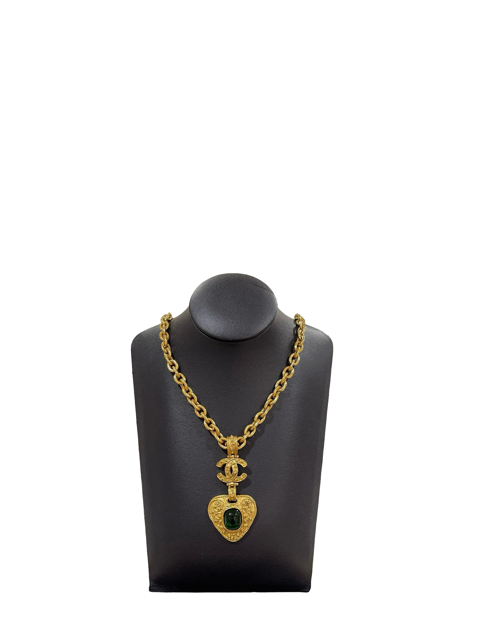 CHANEL - Heart Colored Glaze Carved Flower Pendant Necklace