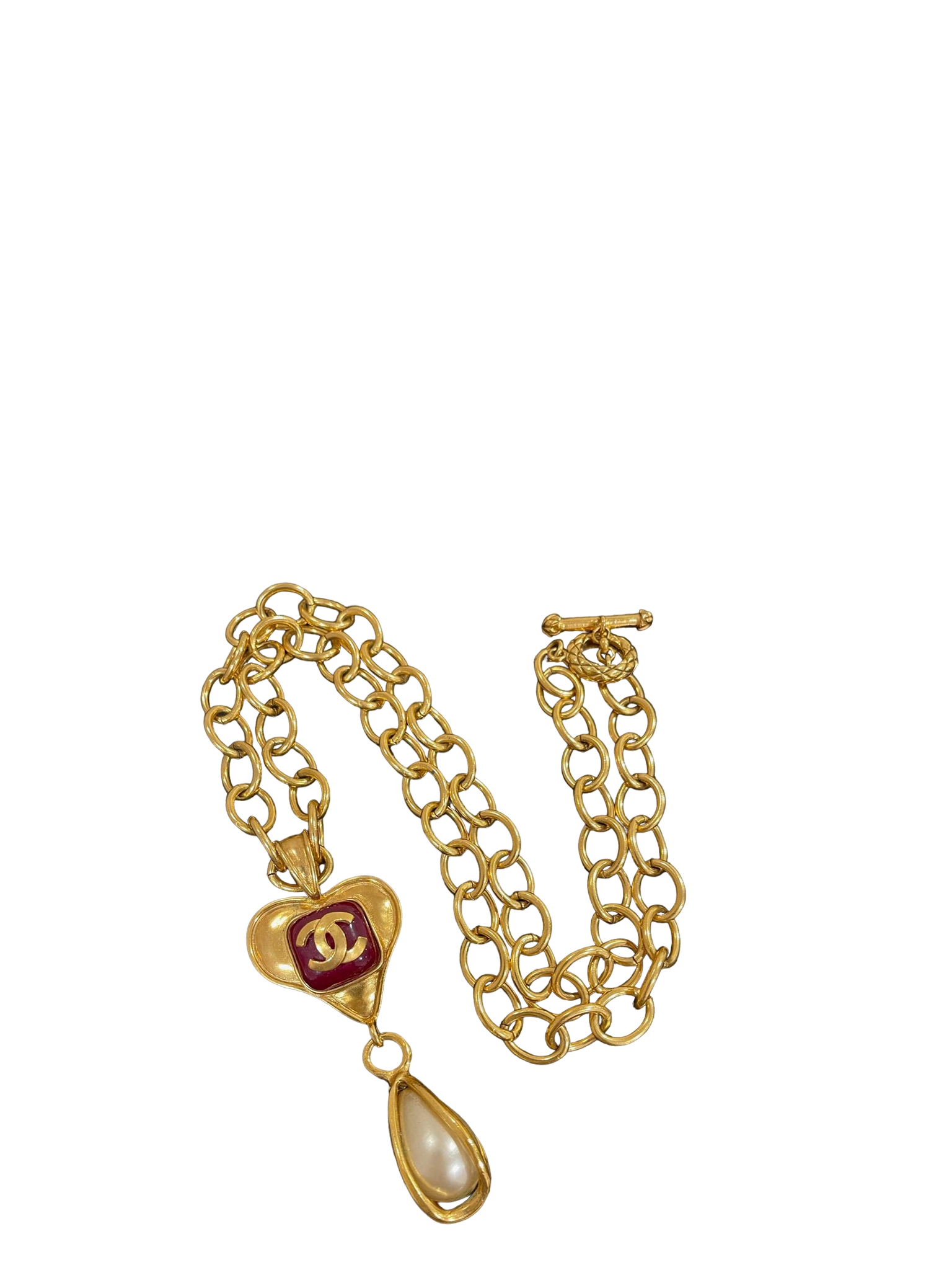 CHANEL - Red Colored Glaze Pearl Pendant 