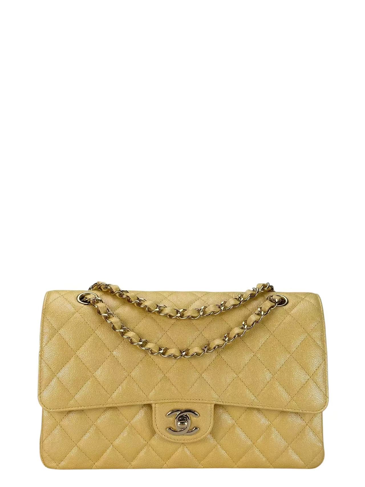 CHANEL - Medium Classic Double Flap Bag Yellow Calfskin Gold Hardware (CF25)