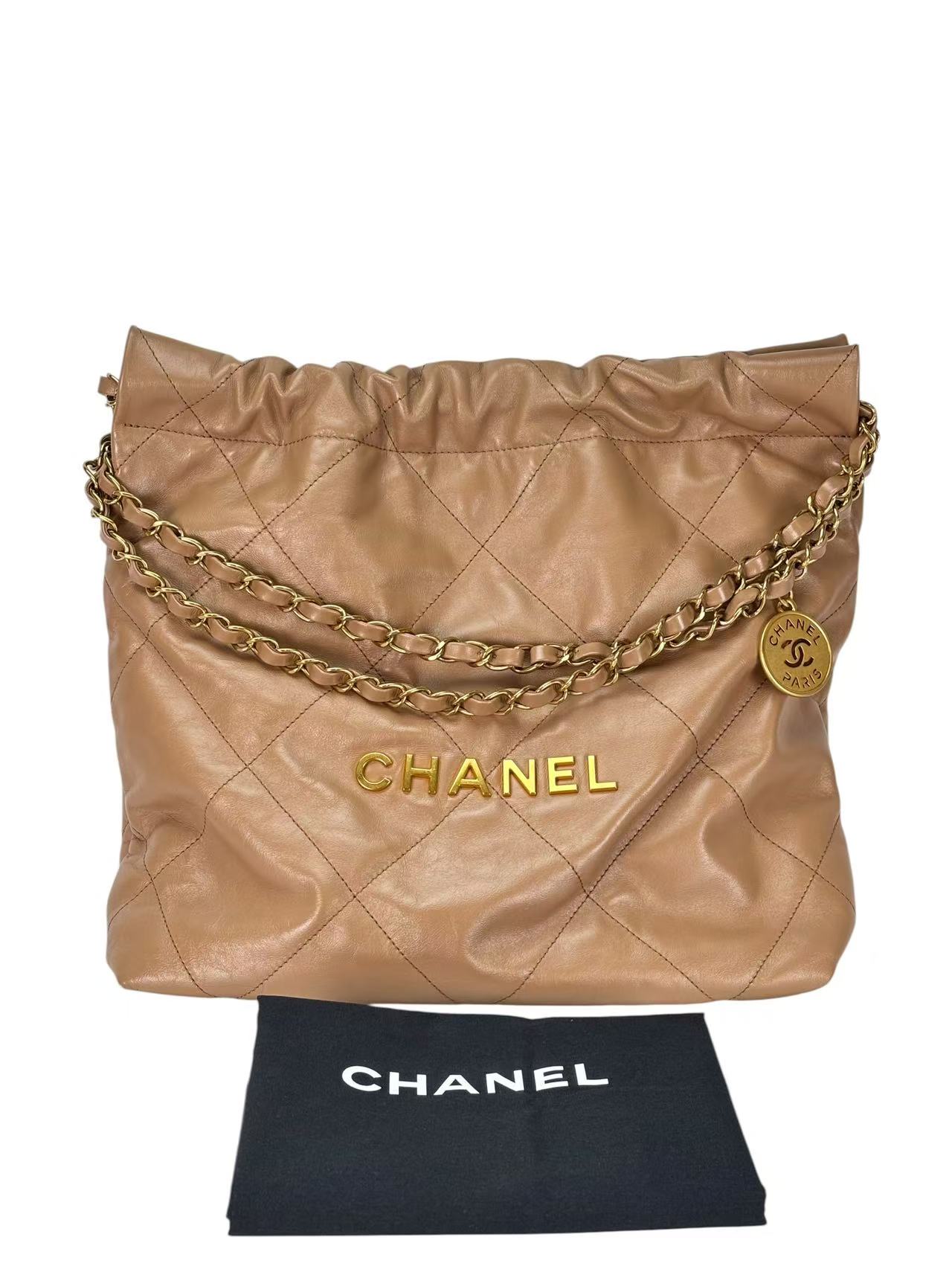 CHANEL - 22 Bag Dark Beige Calfskin Gold Hardware Small 