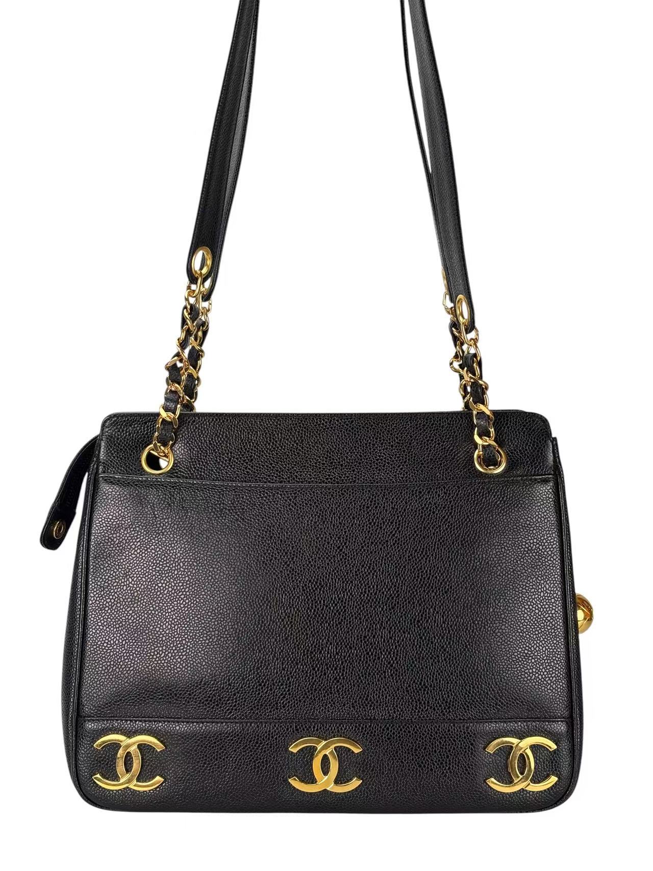 CHANEL - Black Caviar Triple CC Shoulder Tote Bag