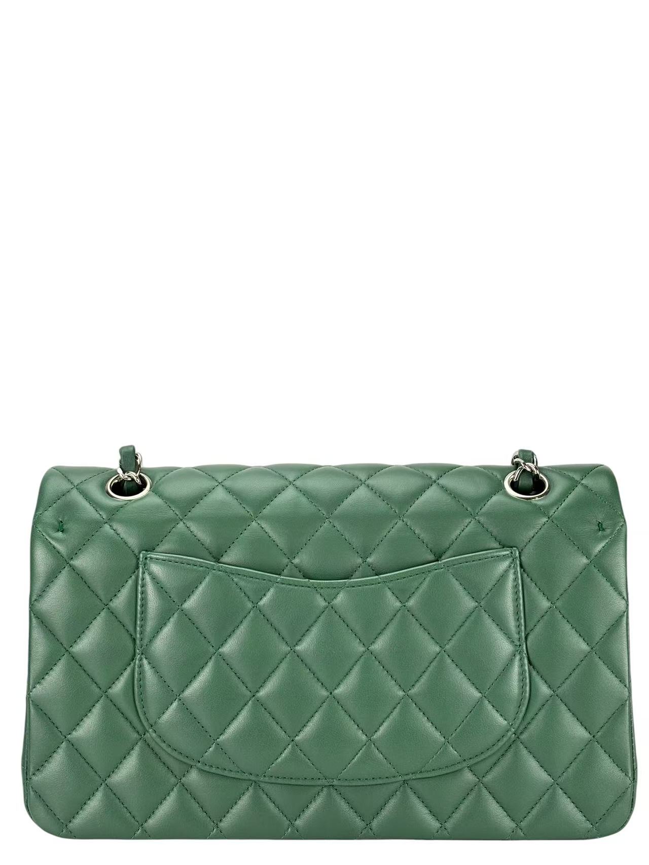 CHANEL - Medium Classic Double Flap Bag  Green Lambskin Silver Hardware (CF25)