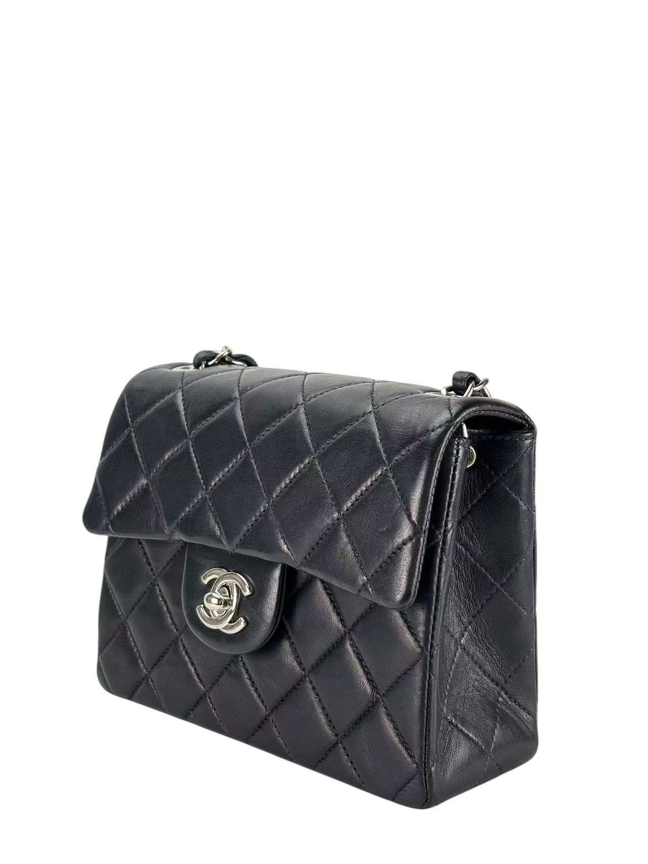 CHANEL - Mini Flap Bag  Black Lambskin Silver Hardware