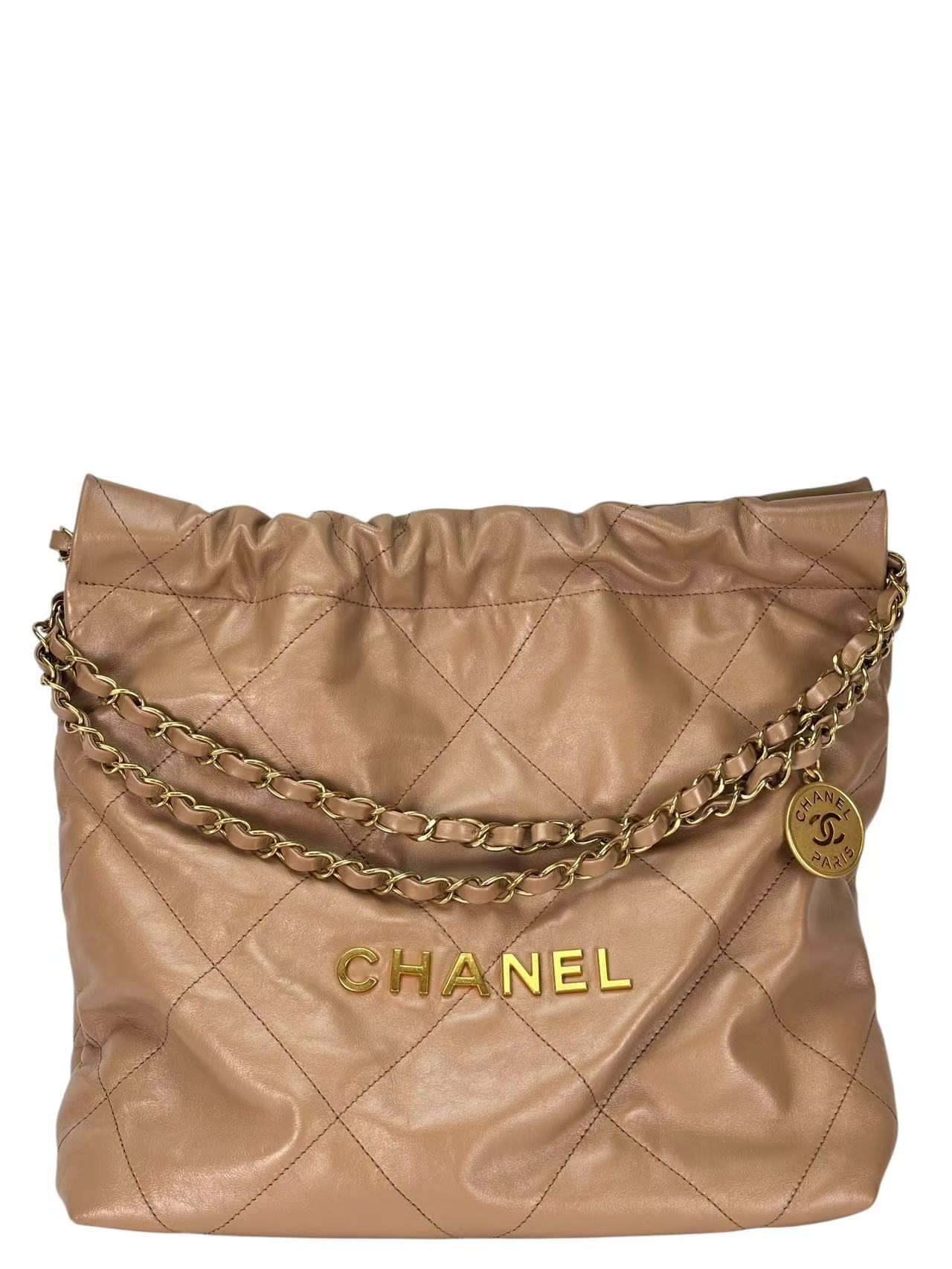 CHANEL - 22 Bag Dark Beige Calfskin Gold Hardware Small 