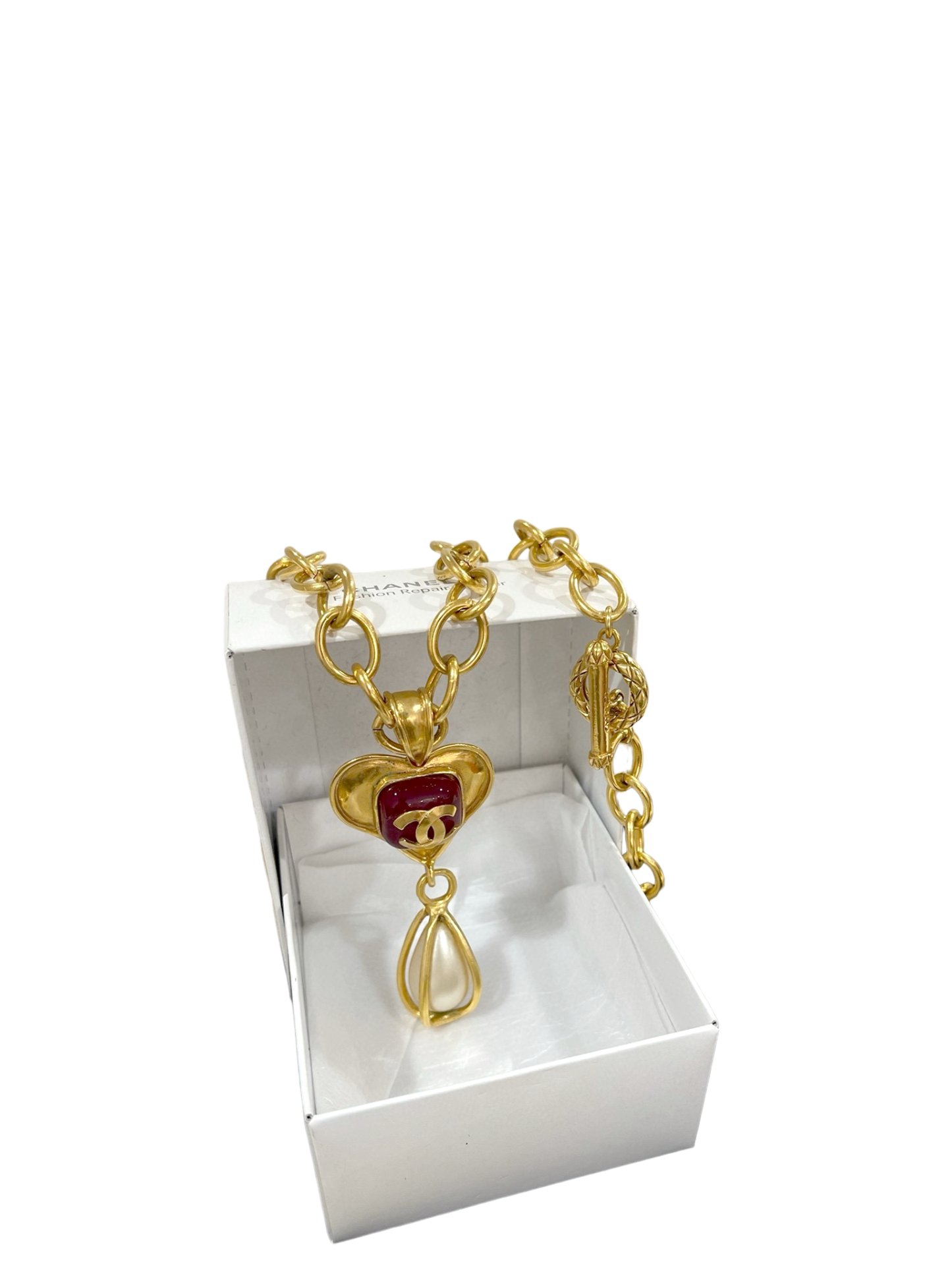 CHANEL - Red Colored Glaze Pearl Pendant