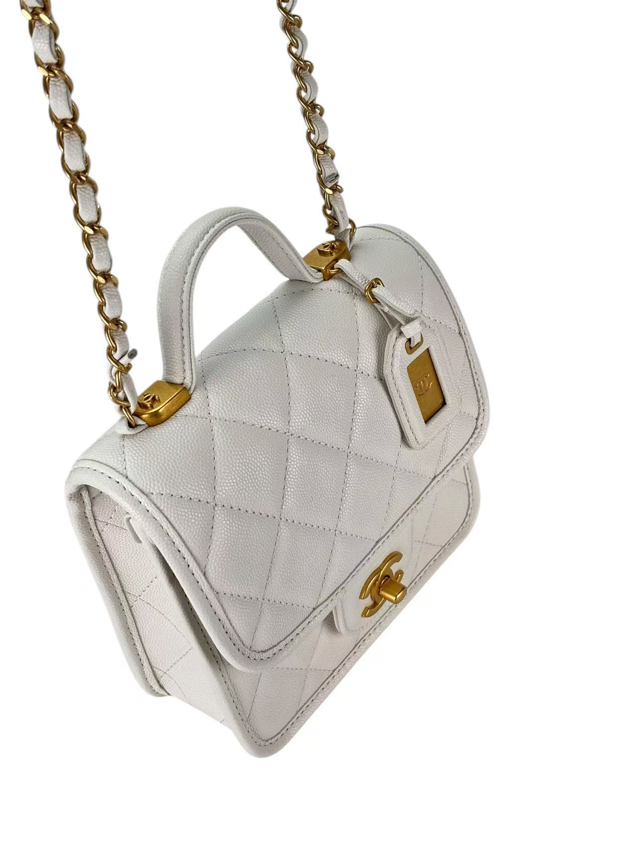 CHANEL - Caviar 2-Way Top Handle Bag White  Gold Hardware
