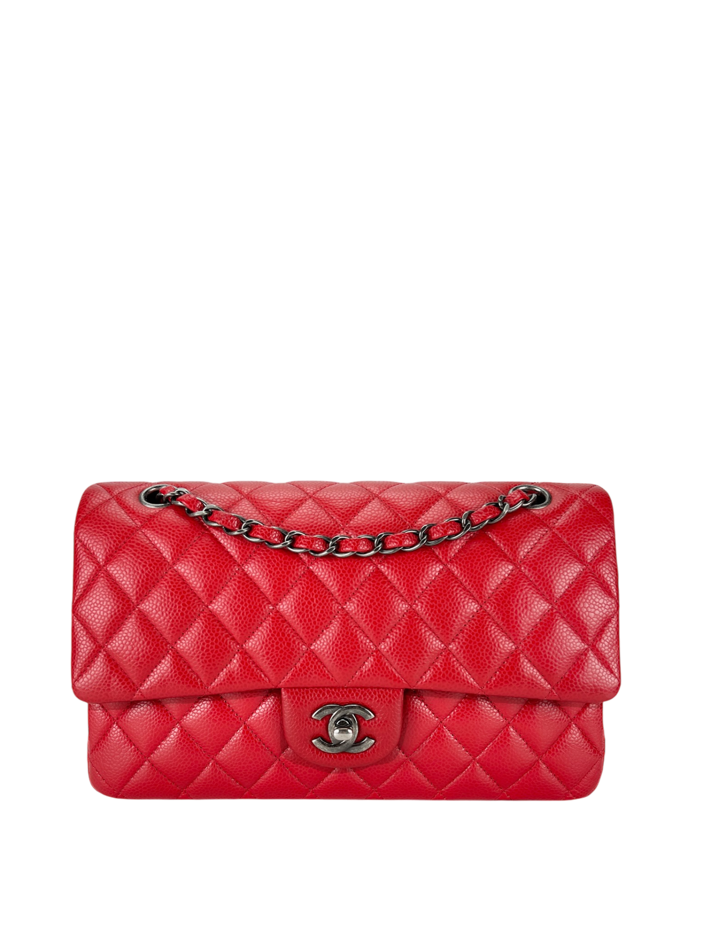 CHANEL - Medium Classic Double Flap Bag Red Caviar Sliver Hardware (CF25)