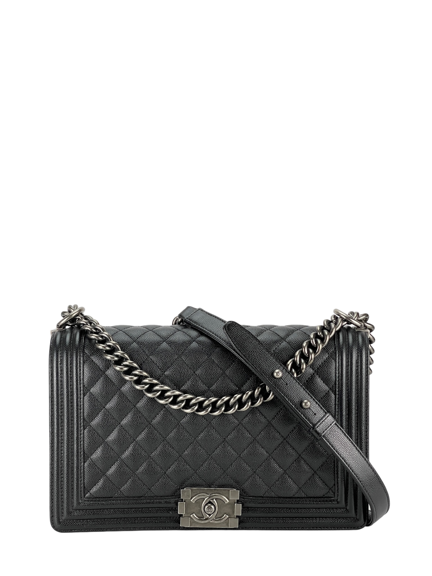 CHANEL - Large Boy Flap Bag Black Calfskin Metal Black