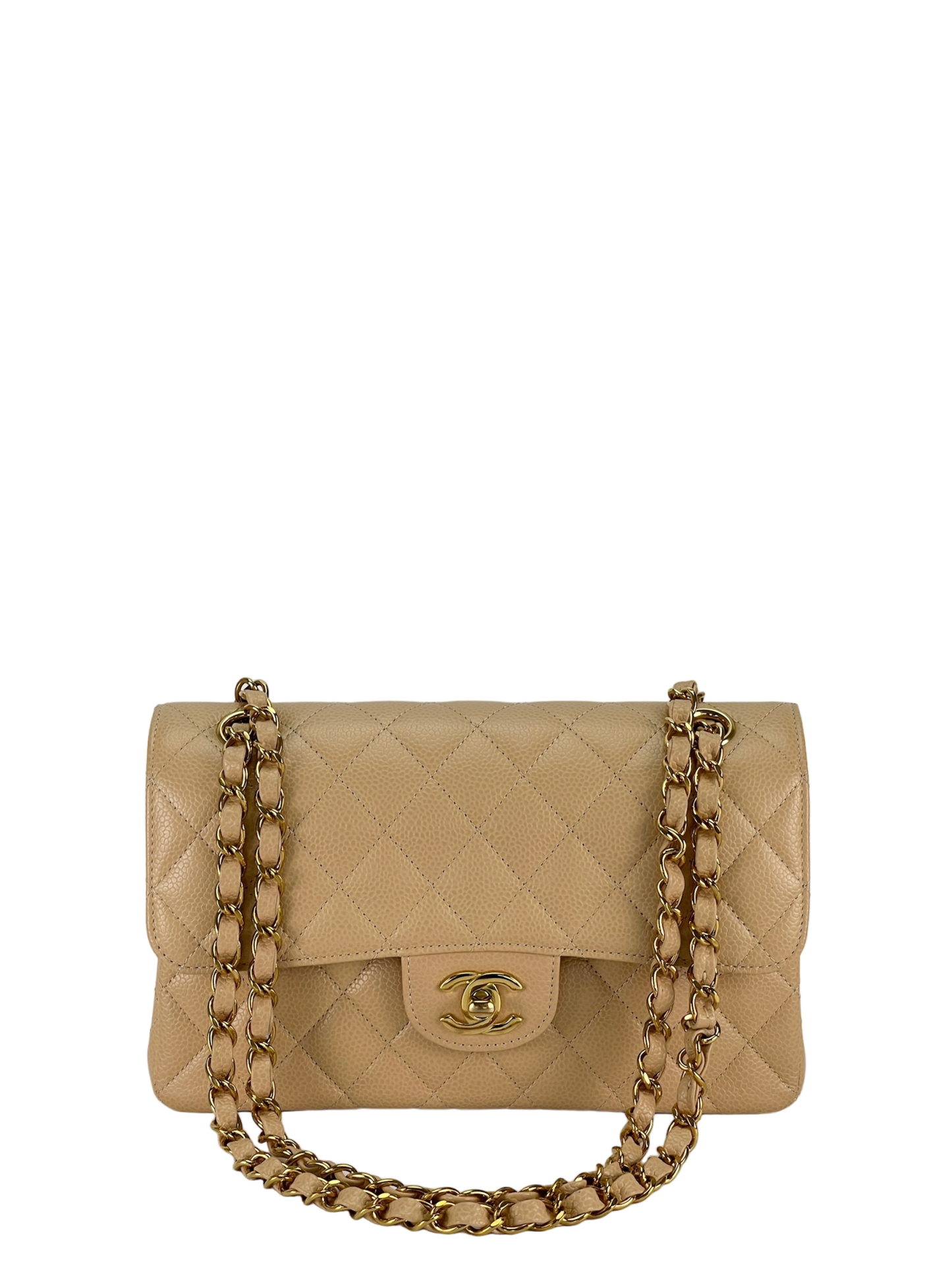 CHANEL - Small Classic Double Flap Bag Beige Caviar Gold Hardware (CF23)