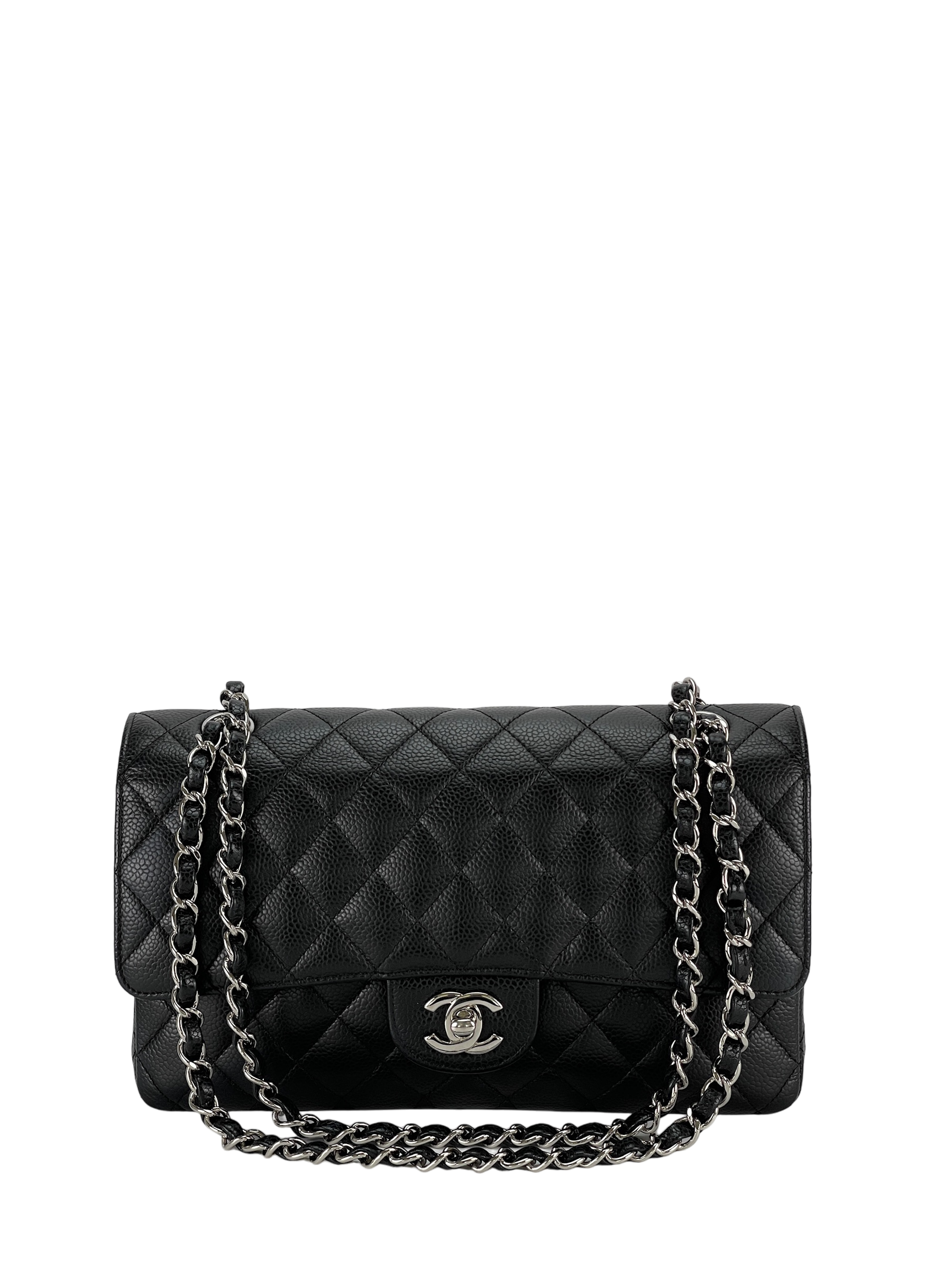 CHANEL - Medium Classic Double Flap Bag Black Caviar Sliver Hardware (CF25)