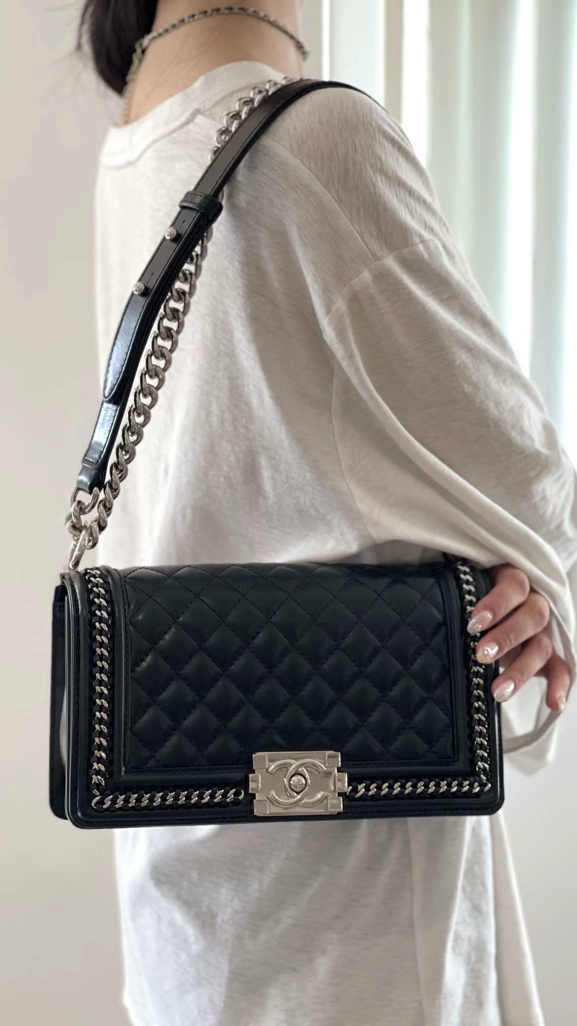 CHANEL - Medium Boy Flap Bag Black Calfskin Metal Black