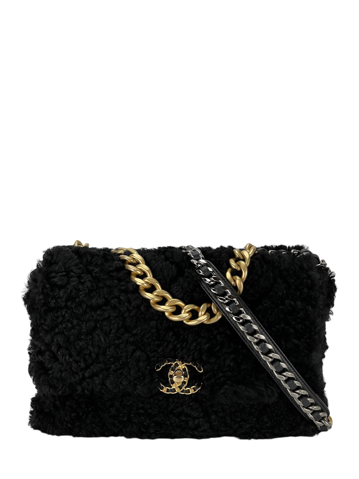 CHANEL - Fur Wool Black Calfskin 19 Large Flap Bag