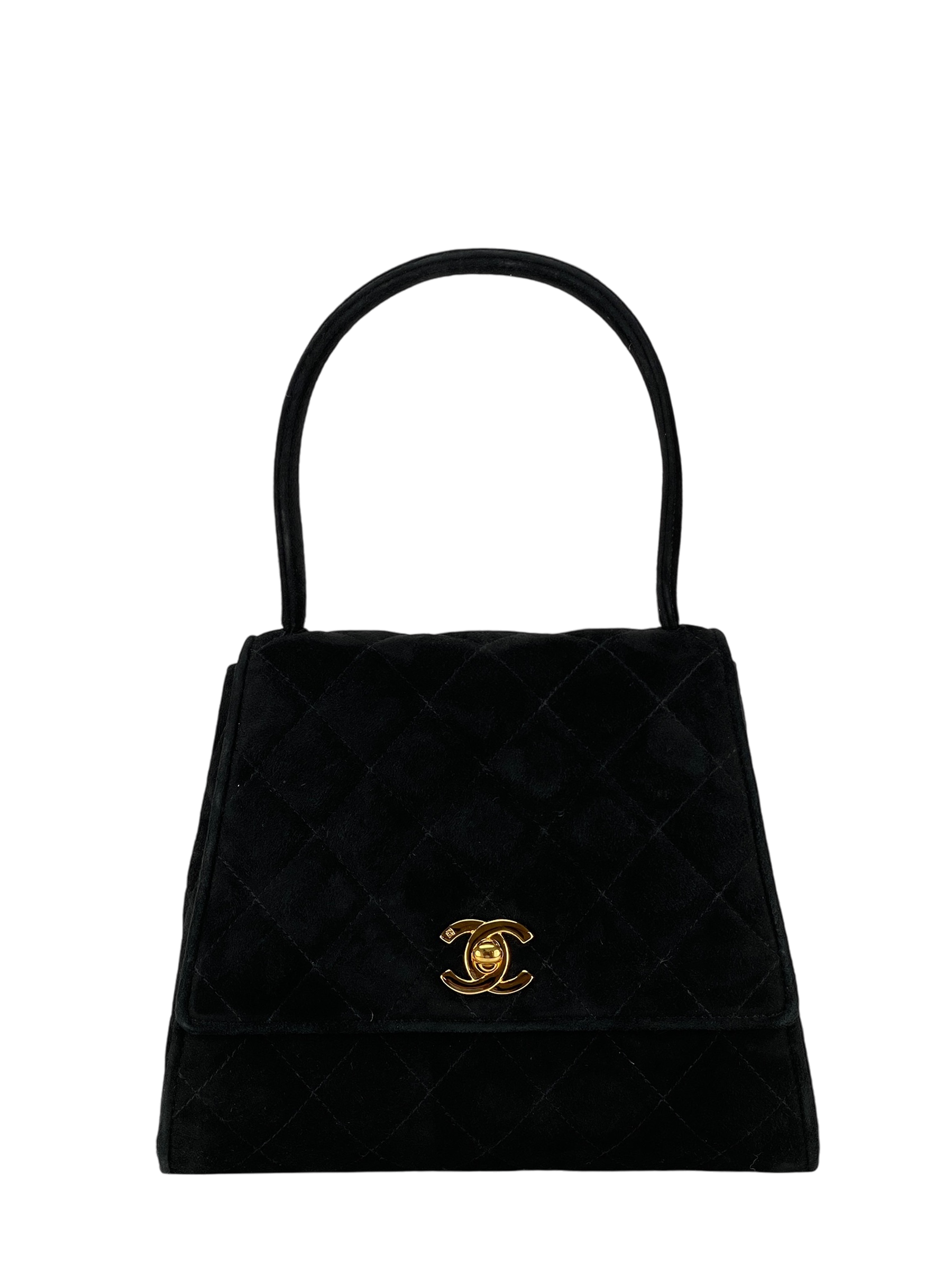 CHANEL - Black Suede Quilted Kelly Flap Bag