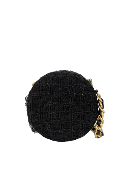CHANEL - Black Quilted Tweed 19 Round Clutch With Chain
