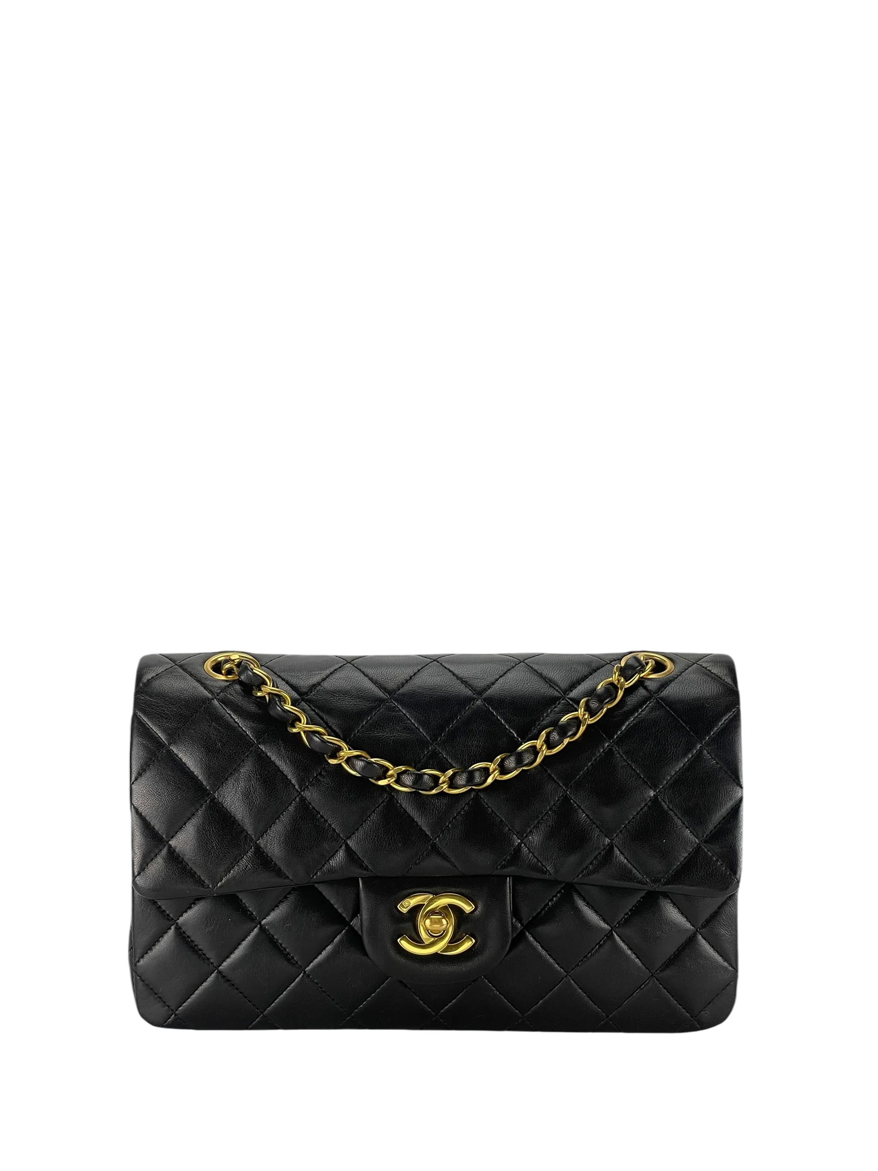 CHANEL - Small Classic Double Flap Bag Black Lambskin Gold Hardware (CF23)