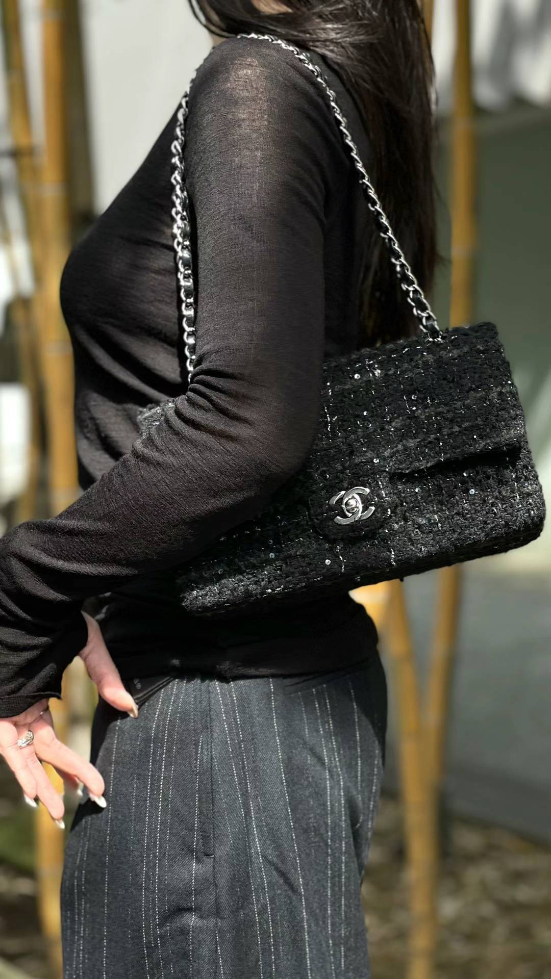 CHANEL - Double Flap Tasche Quilted Tweed mit Pailletten Medium