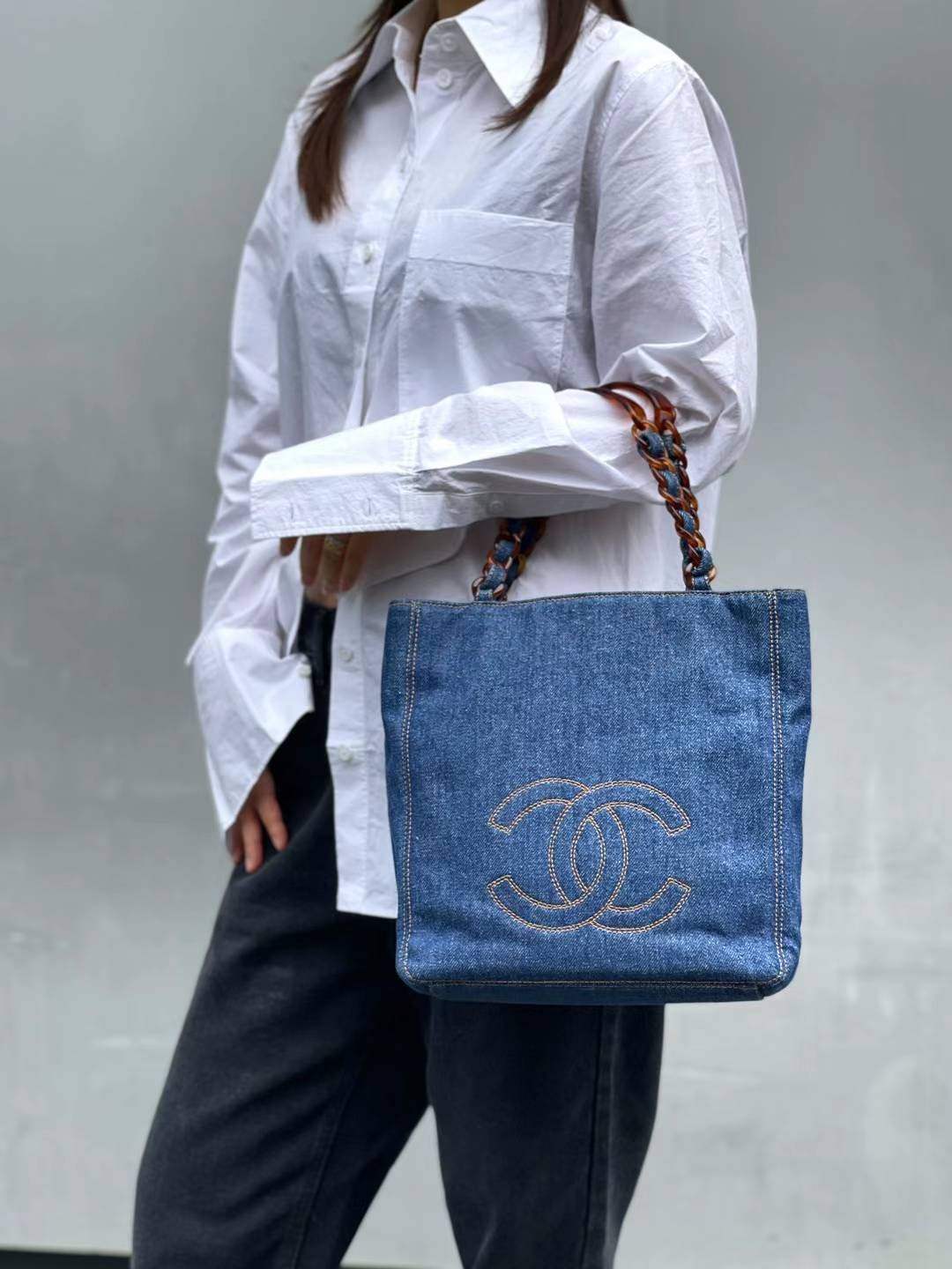 CHANEL - Denim Tortoiseshell Chain Tote Bag