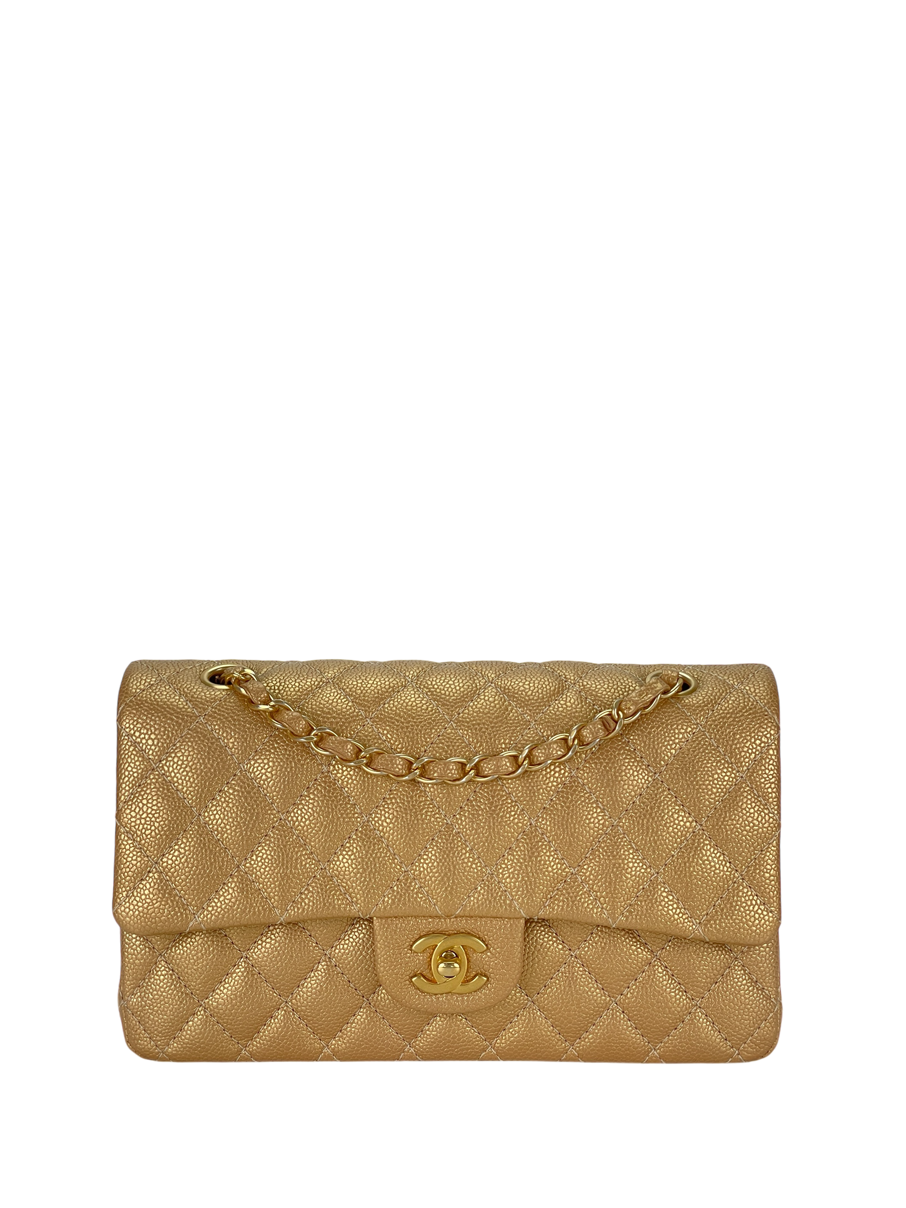 CHANEL - Medium Classic Double Flap Bag Gold Lambskin Gold Hardware (CF25) 