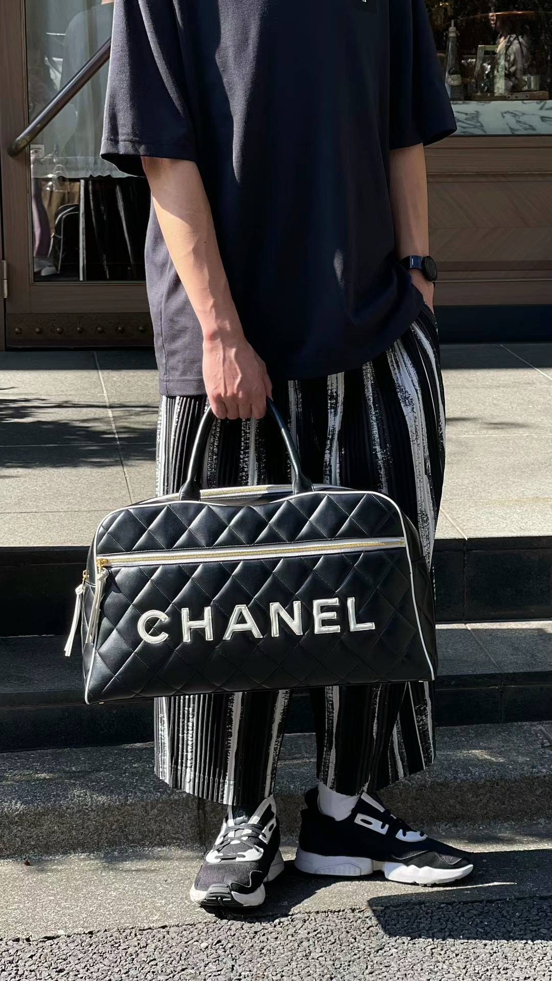 CHANEL - Bowling Bag Travel Bag Boston Bag Black Leather