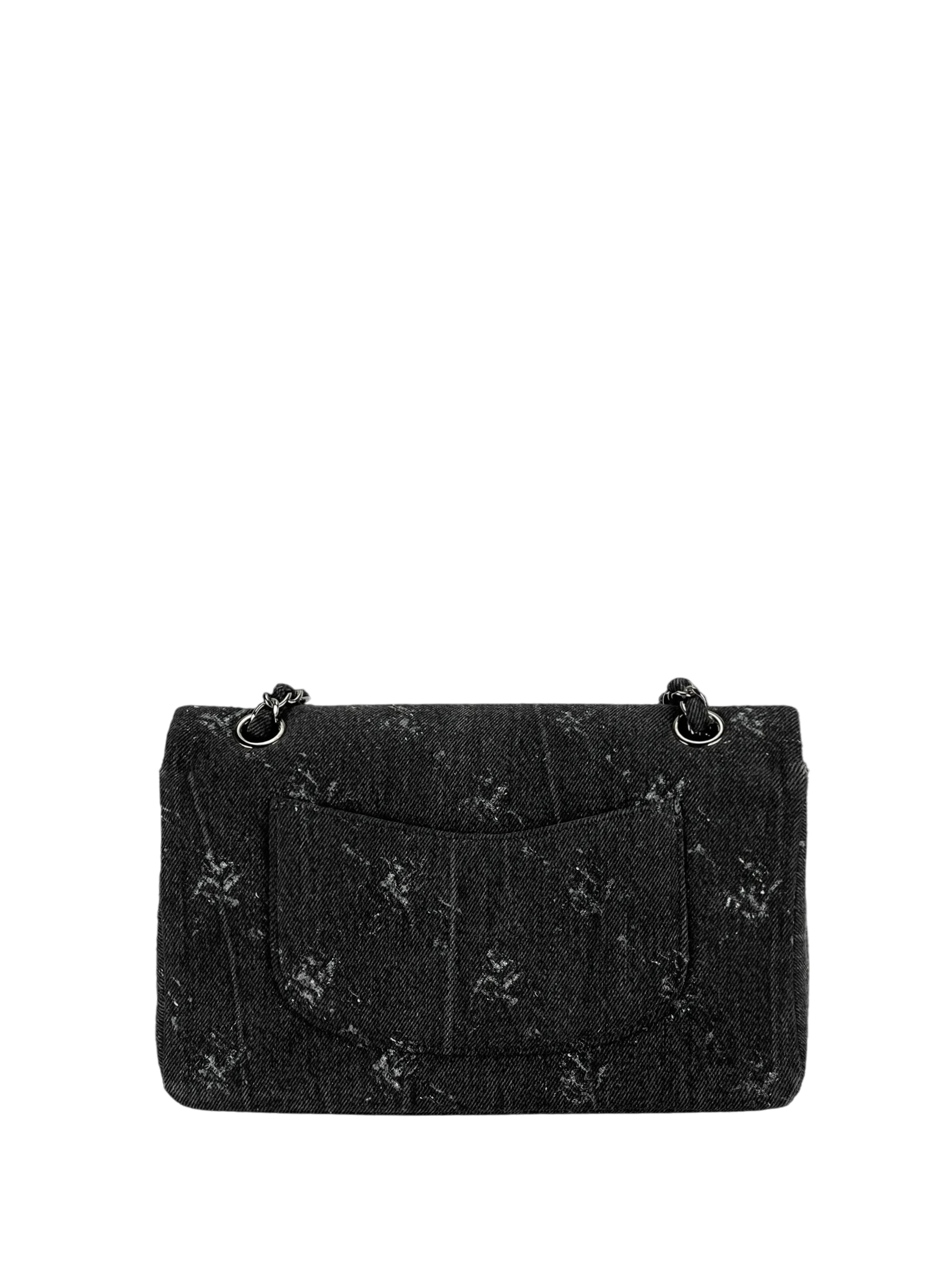 CHANEL -  Medium Classic Double Flap Bag Black Denim Sliver Hardware (CF25)